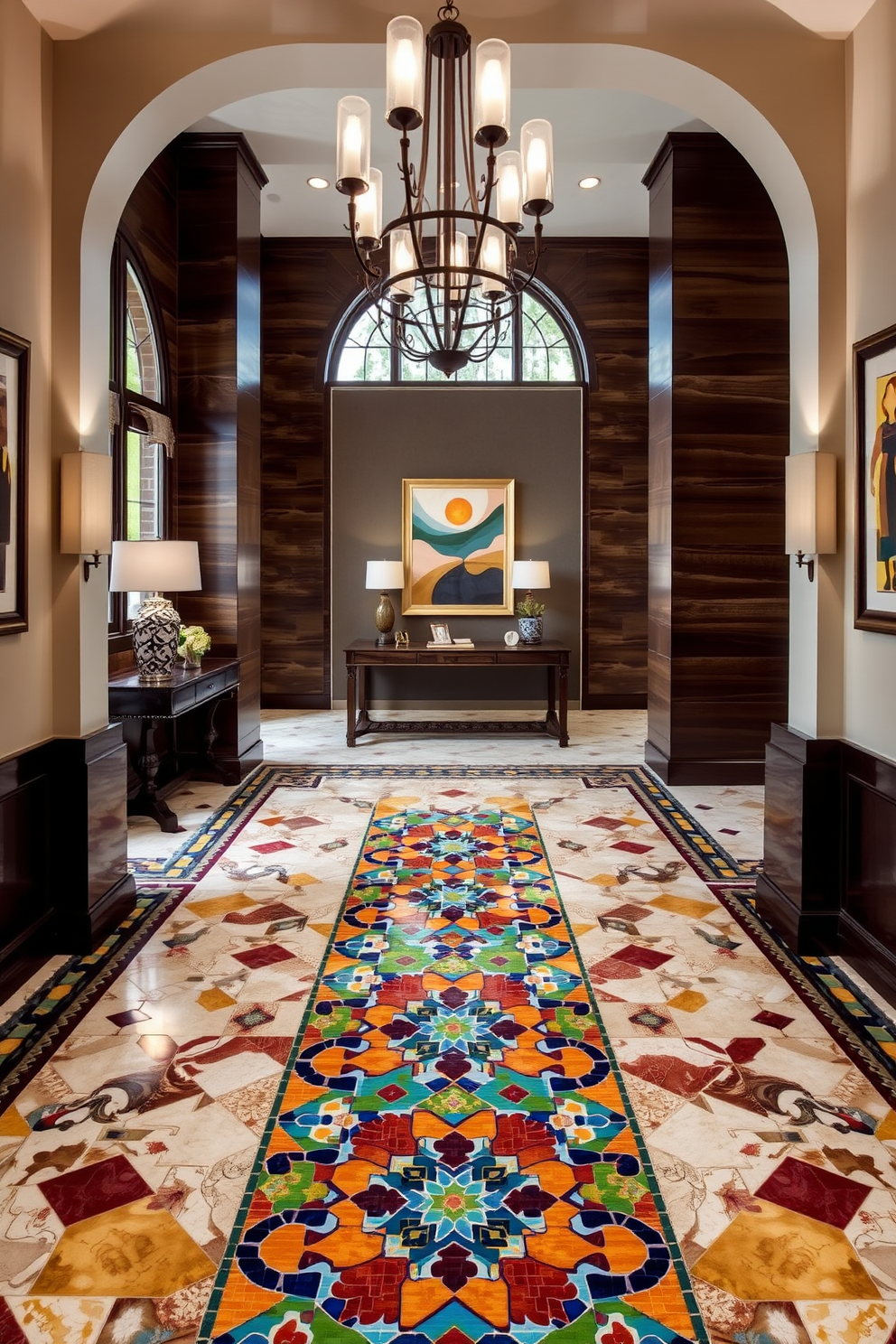 A stunning foyer featuring a unique tile design that showcases a blend of geometric patterns in vibrant colors. The focal point is an ornate mosaic that guides guests into the home, surrounded by elegant lighting fixtures and a stylish console table. Rich textures and artistic elements create an inviting atmosphere in the foyer. The walls are adorned with artwork that complements the intricate tile work, enhancing the overall aesthetic of the space.