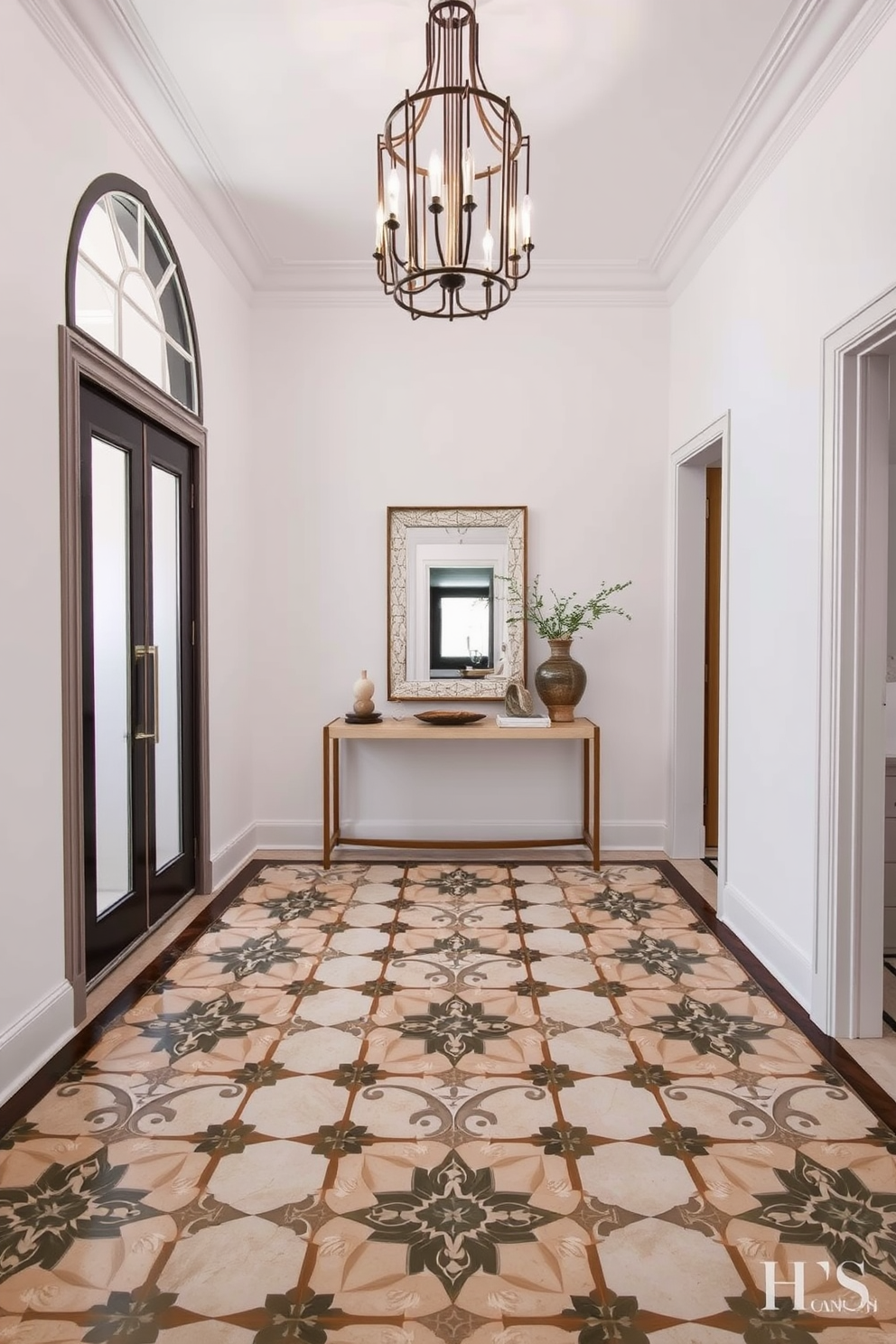 A stunning foyer featuring intricate cement tiles that create unique geometric patterns. The space is illuminated by a modern chandelier, enhancing the artistic design of the floor. The walls are painted in a soft white, providing a clean backdrop that complements the vibrant tiles. A sleek console table sits against one wall, adorned with decorative objects and a stylish mirror above it.