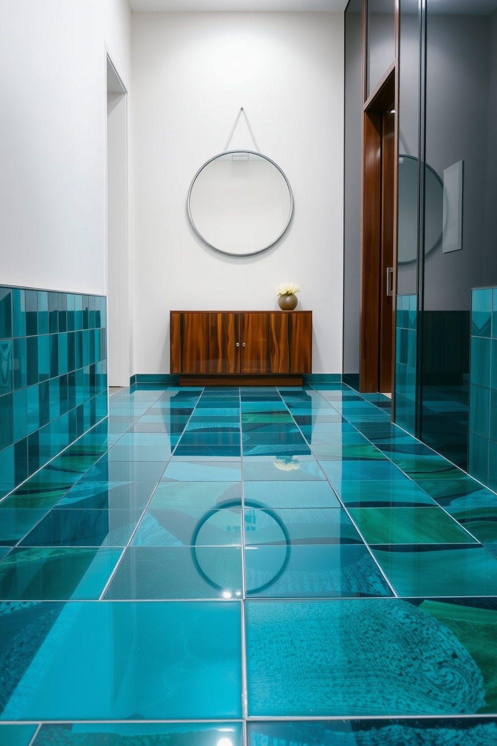 A contemporary foyer featuring a sleek design with glass tiles that reflect light beautifully. The floor is adorned with a geometric pattern of glass tiles in varying shades of blue and green, creating a vibrant yet sophisticated atmosphere. To the left, a modern console table made of polished wood sits against the wall. Above it, a large round mirror with a minimalist frame enhances the sense of space and elegance.