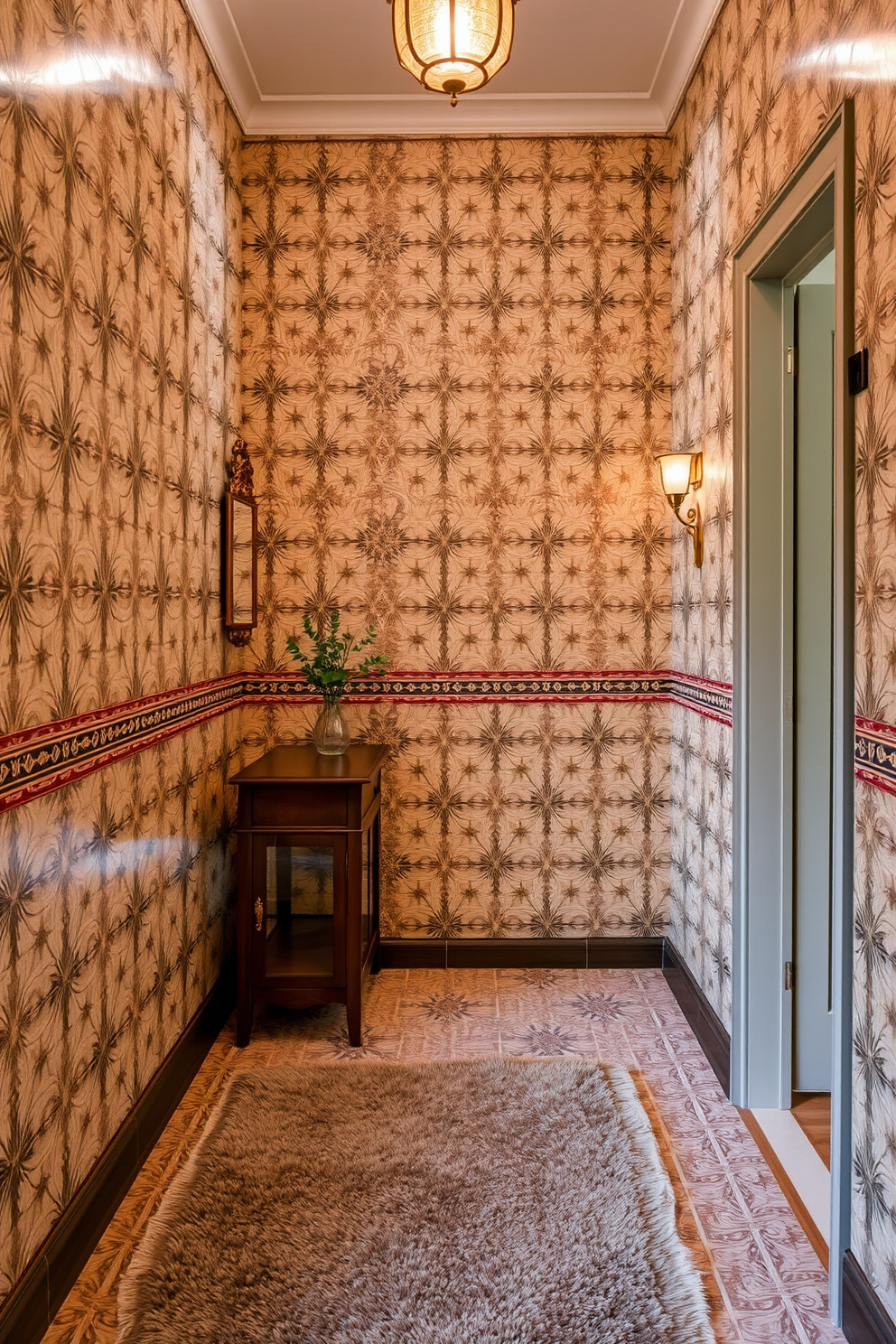 A charming foyer adorned with vintage tiles that evoke a sense of nostalgia. The intricate patterns of the tiles create a warm and inviting atmosphere, complemented by soft lighting and elegant furnishings. The foyer features a classic wooden console table against the wall, topped with a decorative mirror and a small potted plant. A plush area rug in muted tones adds comfort underfoot, enhancing the overall vintage aesthetic.