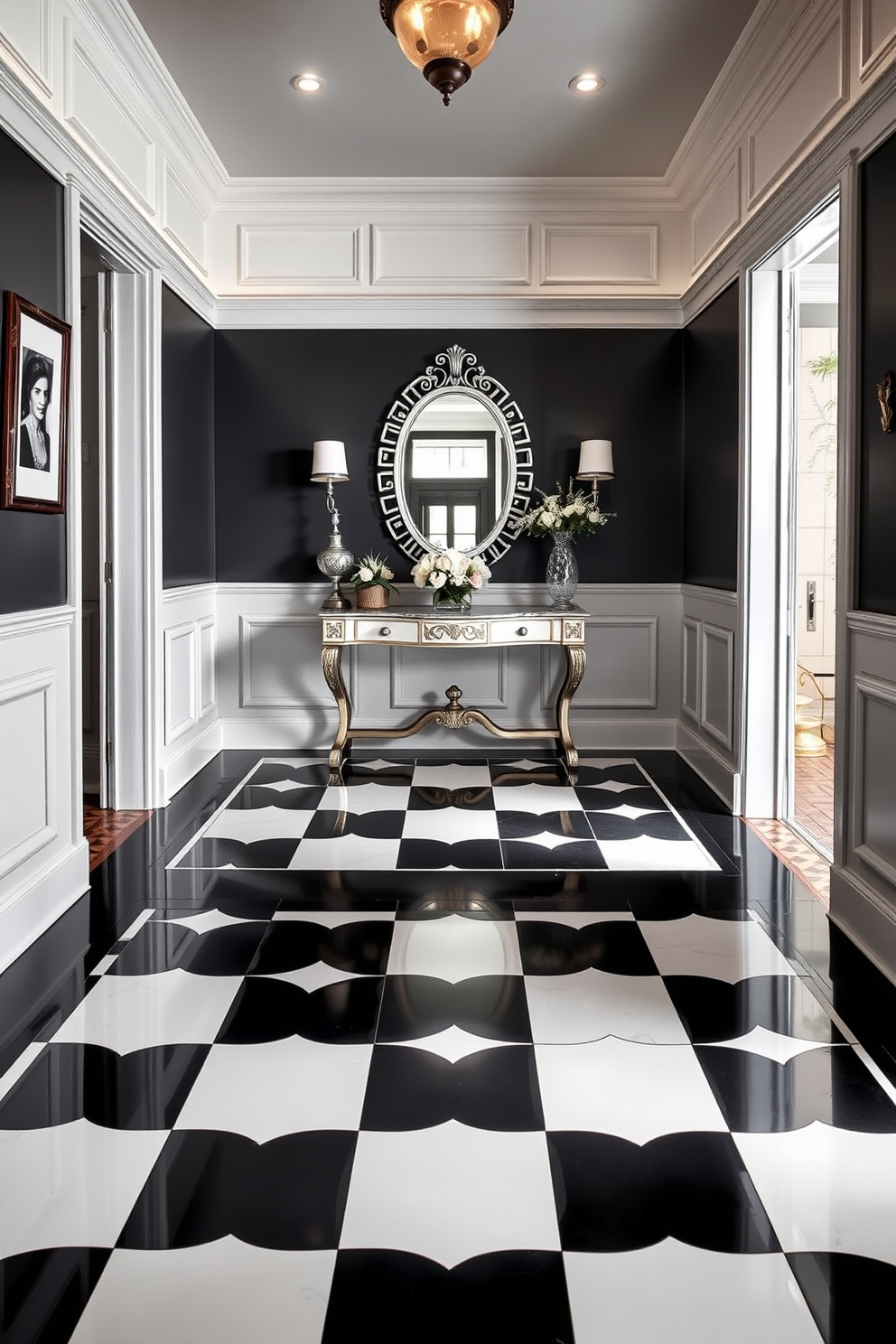 A stunning foyer features a classic black and white checkerboard tile design that creates a striking visual impact. The walls are adorned with elegant wainscoting, and a stylish console table sits against one wall, topped with a decorative mirror and fresh flowers.