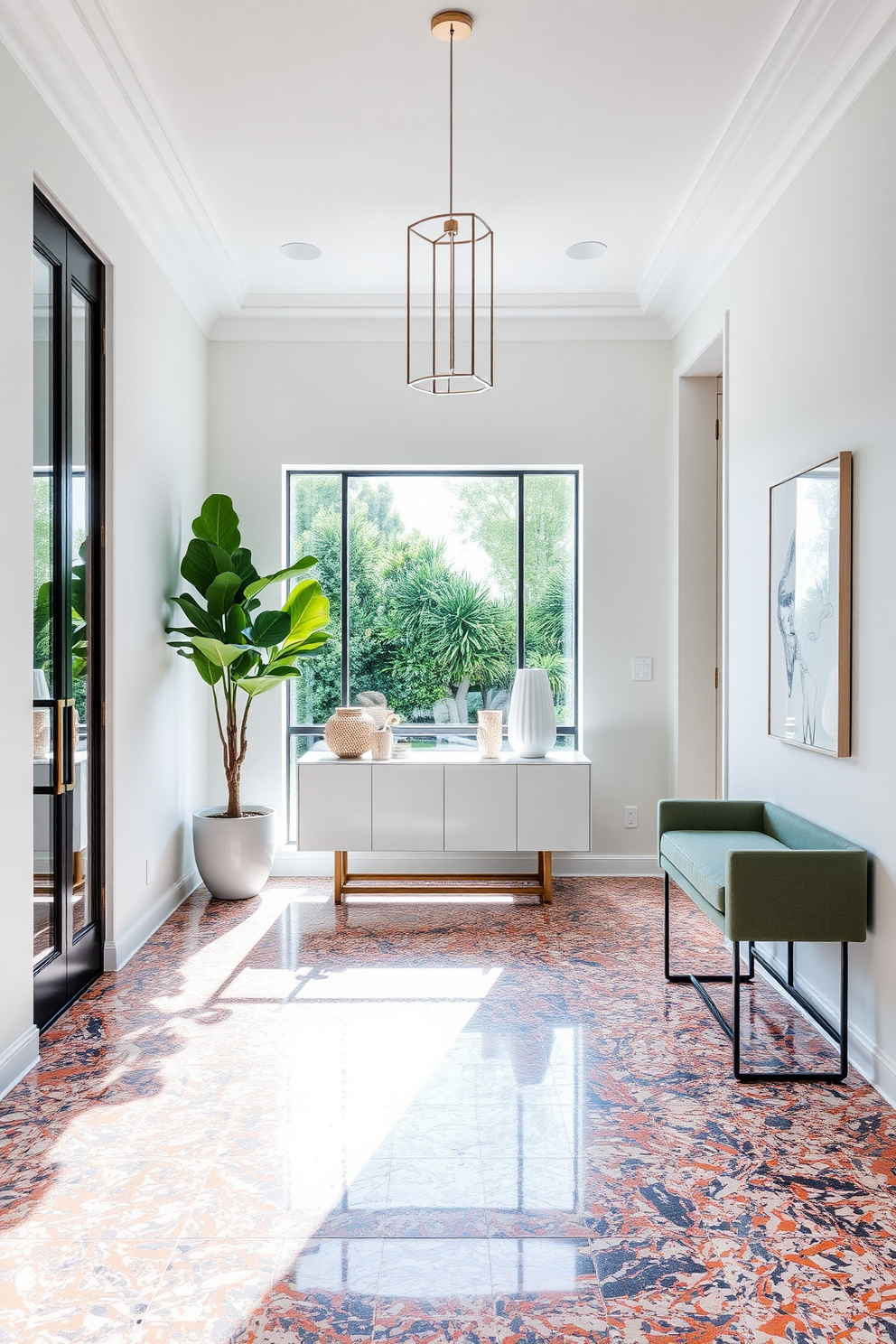 A stylish foyer featuring vibrant terrazzo tiles that create a bold statement. The entrance is framed by sleek white walls and a modern console table adorned with decorative objects. Natural light floods the space through a large window, highlighting the unique patterns and colors of the terrazzo tiles. A minimalist pendant light hangs from the ceiling, adding a touch of elegance to the overall design.