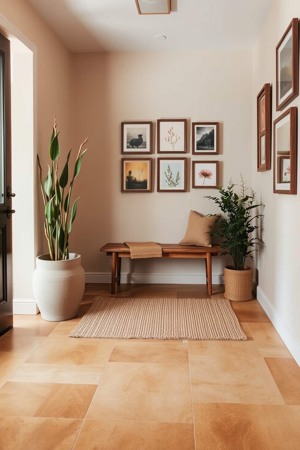 A welcoming foyer featuring earthy tones that create a natural aesthetic. The floor is adorned with large, textured tiles in warm beige and soft brown hues, complemented by a rustic wooden bench against the wall. On one side, a tall potted plant adds a touch of greenery, while the opposite wall showcases a collection of framed nature-inspired artwork. A woven rug in neutral tones lies underfoot, enhancing the cozy and inviting atmosphere of the space.