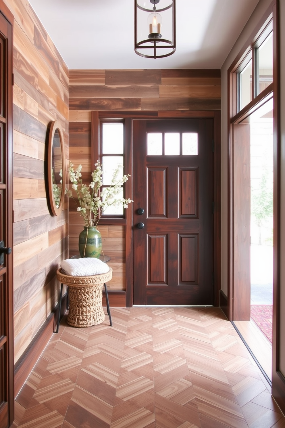 Rustic wood planks create a warm and inviting atmosphere in the entryway. The natural texture and rich tones of the wood complement a variety of decor styles while providing a cozy welcome. Foyer tile design ideas can incorporate patterned ceramic tiles that add character and charm. Consider a herringbone layout or a bold geometric pattern to enhance the visual interest of the space.