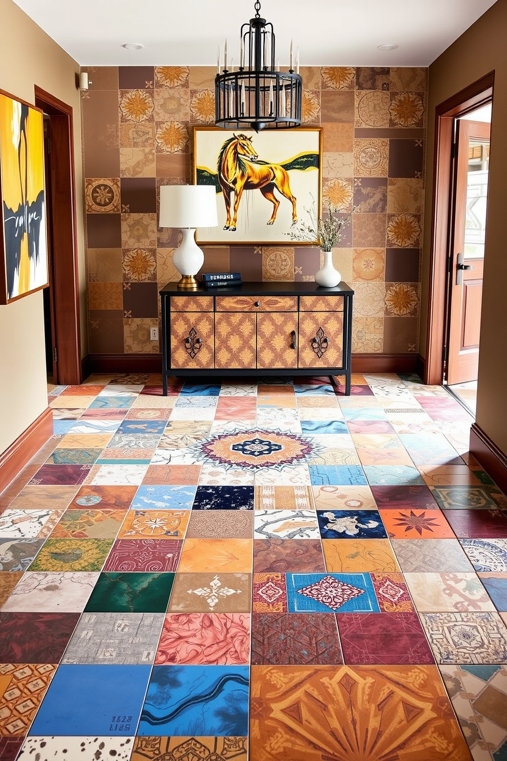 A striking foyer featuring mixed material tiles that combine vibrant colors and textures to create an eclectic design. The floor showcases a stunning array of geometric patterns, drawing attention to the entryway and inviting guests inside. The walls are adorned with artwork that complements the tile design, enhancing the overall aesthetic of the space. A stylish console table sits against the wall, topped with decorative items that reflect the homeowner's unique style.