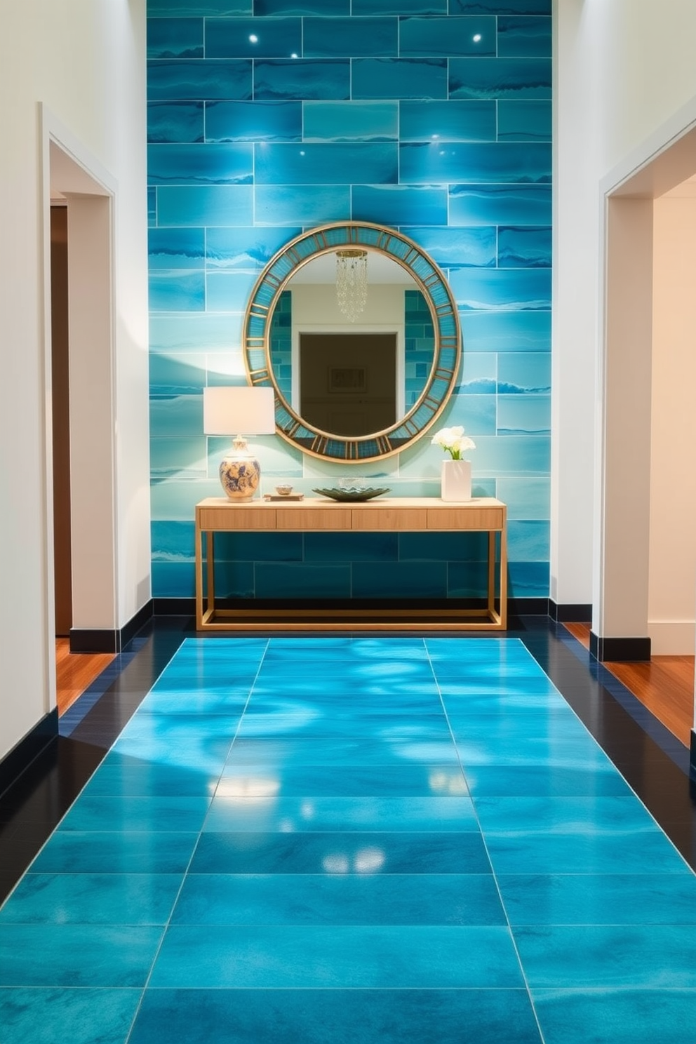 A stunning foyer featuring a modern tile design with a beautiful color gradient that transitions from deep blue to soft teal. The tiles create a striking visual impact, enhancing the entryway's contemporary aesthetic. Incorporate sleek furniture pieces that complement the vibrant tiles, such as a minimalist console table in a light wood finish. A statement mirror above the console reflects the colorful tiles, adding depth and sophistication to the space.