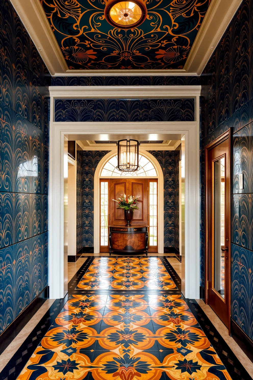 A luxurious foyer adorned with art deco tiles that showcase intricate geometric patterns in rich colors like deep blue and gold. The tiles create a stunning visual impact, setting the tone for the elegance of the space. A vintage-inspired foyer featuring a striking tile design that incorporates bold shapes and vibrant hues. The art deco tiles enhance the ambiance, inviting guests into a beautifully curated entryway.