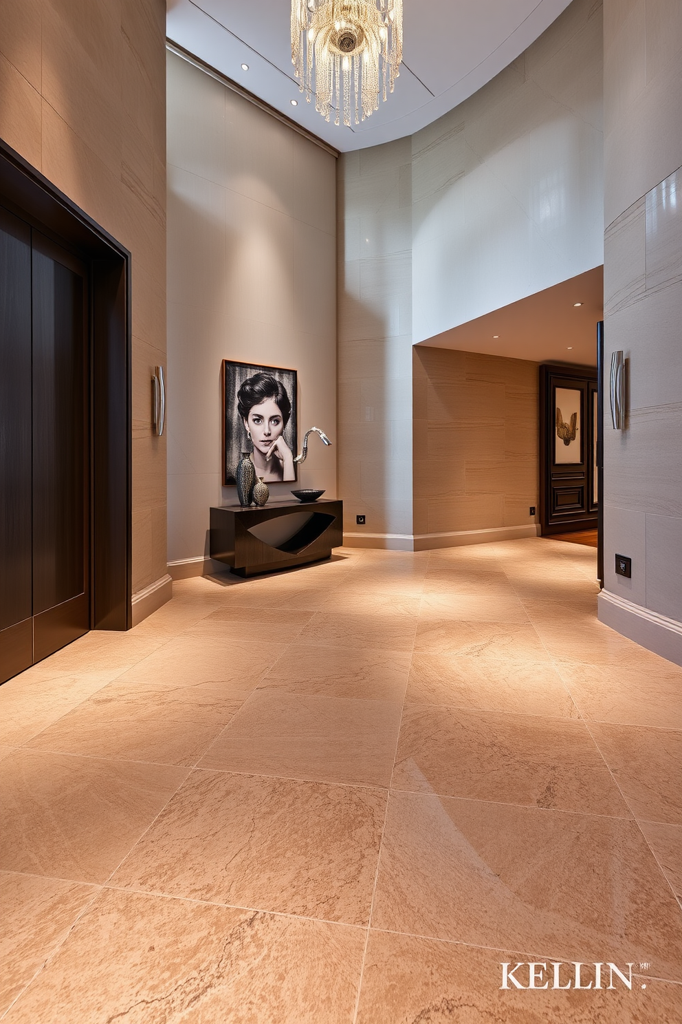 A luxurious foyer featuring textured stone tiles that create a sophisticated ambiance. The walls are adorned with elegant artwork, and a stylish console table is positioned against one side.