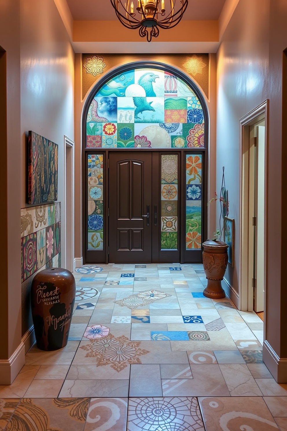 A stunning foyer featuring custom artwork tiles that reflect personal style and creativity. The tiles showcase intricate patterns and vibrant colors, creating a welcoming atmosphere as guests enter the home. The design incorporates a blend of textures, with smooth ceramic tiles complemented by hand-painted accents. Soft lighting highlights the unique artwork, enhancing the overall aesthetic of the foyer space.