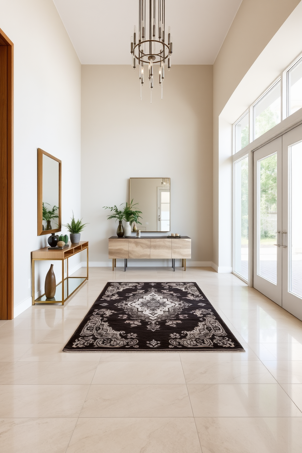 A spacious foyer features large format tiles that create an expansive and open atmosphere. The tiles are in a soft neutral tone, enhancing the natural light that floods the entrance area. Incorporated into the design are elegant accents such as a sleek console table and a statement mirror. Decorative elements like a stylish rug and potted plants add warmth and character to the space.