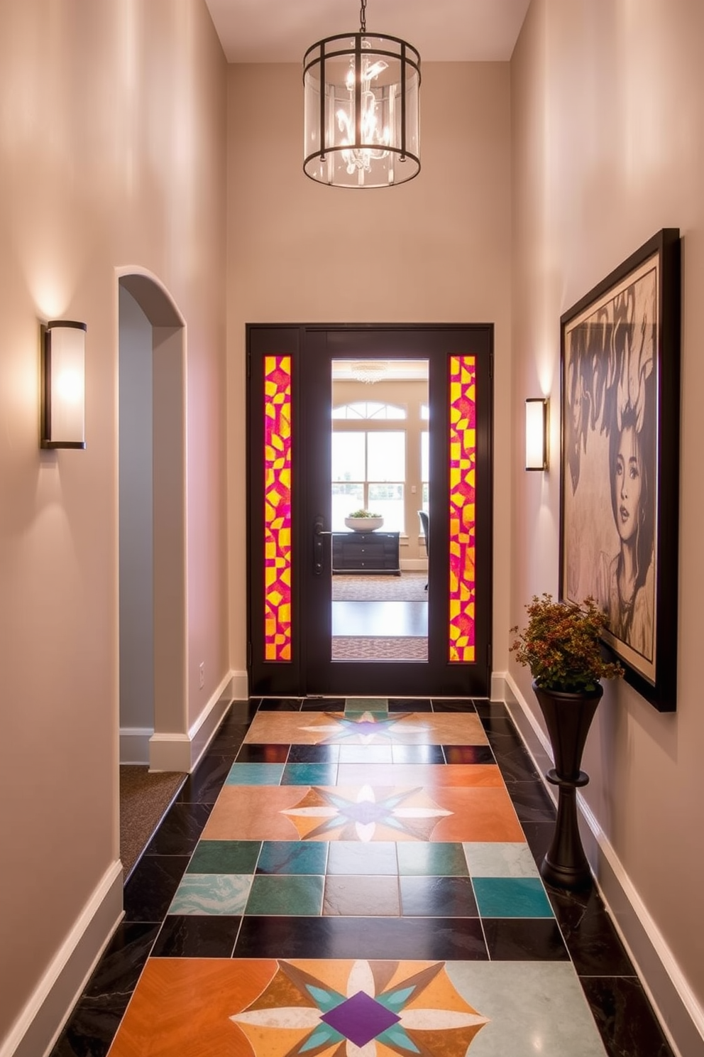 A stunning foyer featuring bright accent tiles that create striking focal points. The vibrant colors of the tiles contrast beautifully with the neutral walls, drawing the eye and making a memorable first impression. The tile design incorporates geometric patterns that add depth and interest to the space. Soft lighting enhances the colors of the tiles, creating a warm and inviting atmosphere in the entryway.