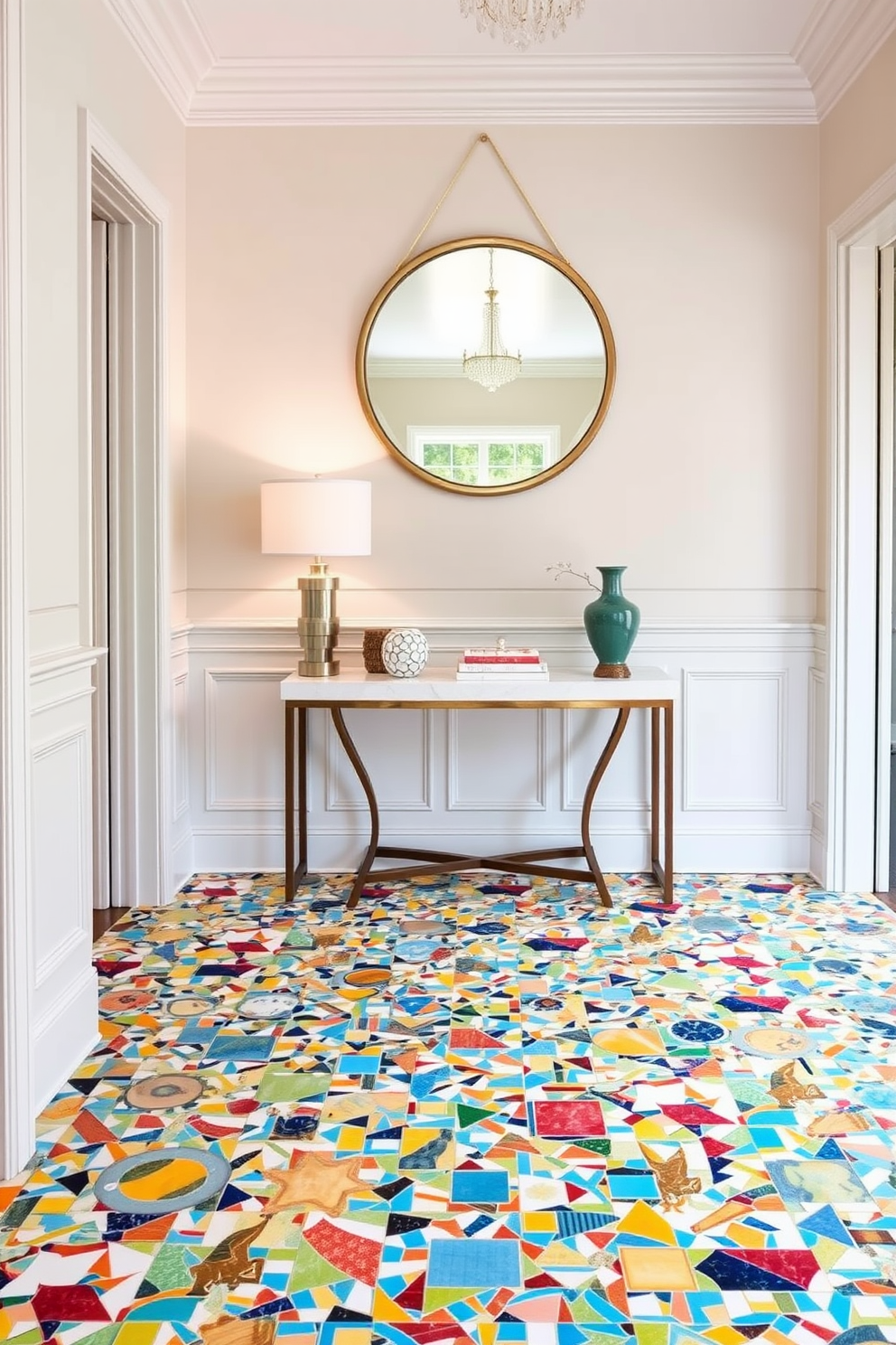 A vibrant foyer featuring mosaic tiles in a variety of colors, creating an eye-catching pattern that welcomes guests. The walls are adorned with elegant wainscoting, and a stylish console table sits against one side, topped with decorative objects and a statement lamp. The floor is a stunning blend of geometric mosaic tiles that contrast beautifully with the neutral tones of the walls. A large round mirror hangs above the console table, reflecting the colorful tiles and enhancing the overall brightness of the space.