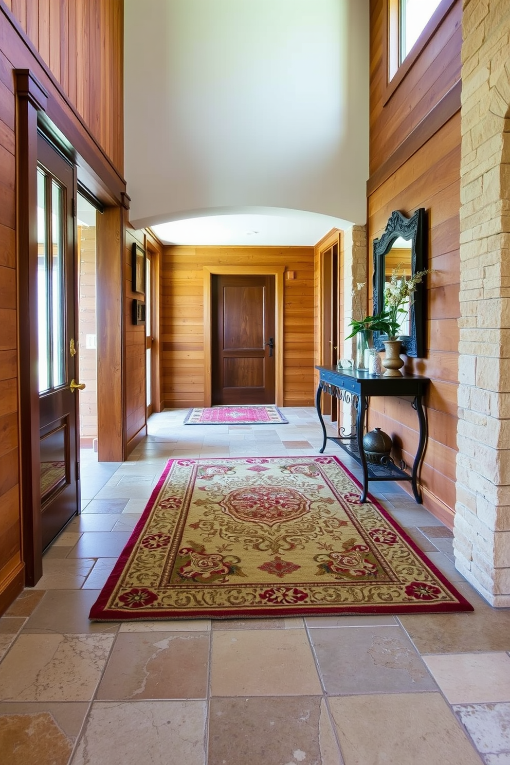 A welcoming foyer featuring natural stone flooring that exudes rustic charm. The walls are adorned with warm wood paneling, and a large, inviting area rug adds a touch of color and texture. The tile design incorporates a mix of earthy tones and intricate patterns that complement the stone. A stylish console table sits against the wall, topped with decorative items and a mirror that reflects the natural light.