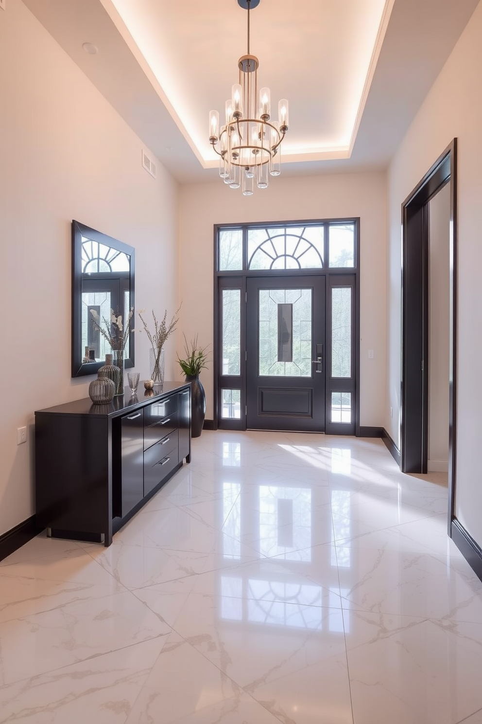 A stunning foyer featuring elegant porcelain tiles that blend durability with sophisticated style. The tiles are arranged in a geometric pattern that enhances the entryway's visual appeal and creates a welcoming atmosphere. The foyer is illuminated by a modern chandelier that casts a warm glow over the space. A sleek console table is placed against one wall, adorned with decorative items and a stylish mirror above it.