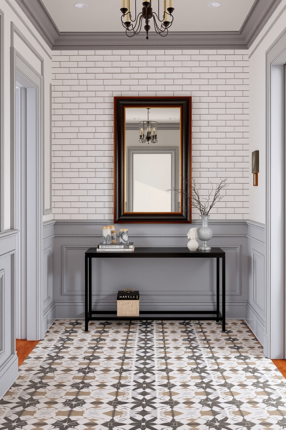 A stylish foyer featuring classic subway tiles that create a timeless and inviting atmosphere. The walls are adorned with elegant wainscoting, and a sleek console table sits against one side, topped with decorative items. The floor showcases a stunning patterned tile that contrasts beautifully with the subway tiles. A large mirror hangs above the console table, reflecting light and enhancing the space's openness.