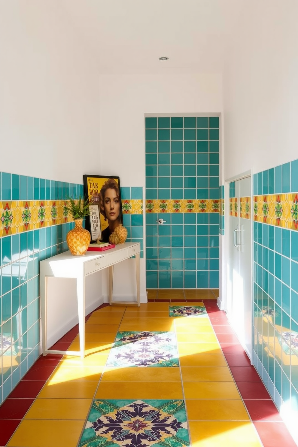 A vibrant entryway adorned with bold colored tiles creates an inviting atmosphere. The tiles feature a mix of geometric patterns in bright hues like turquoise, yellow, and red, enhancing the space's energy and charm. A stylish console table in a sleek design stands against one wall, topped with decorative items and a small potted plant. The walls are painted in a soft white, providing a striking contrast to the colorful tiles and making the entryway feel open and welcoming.