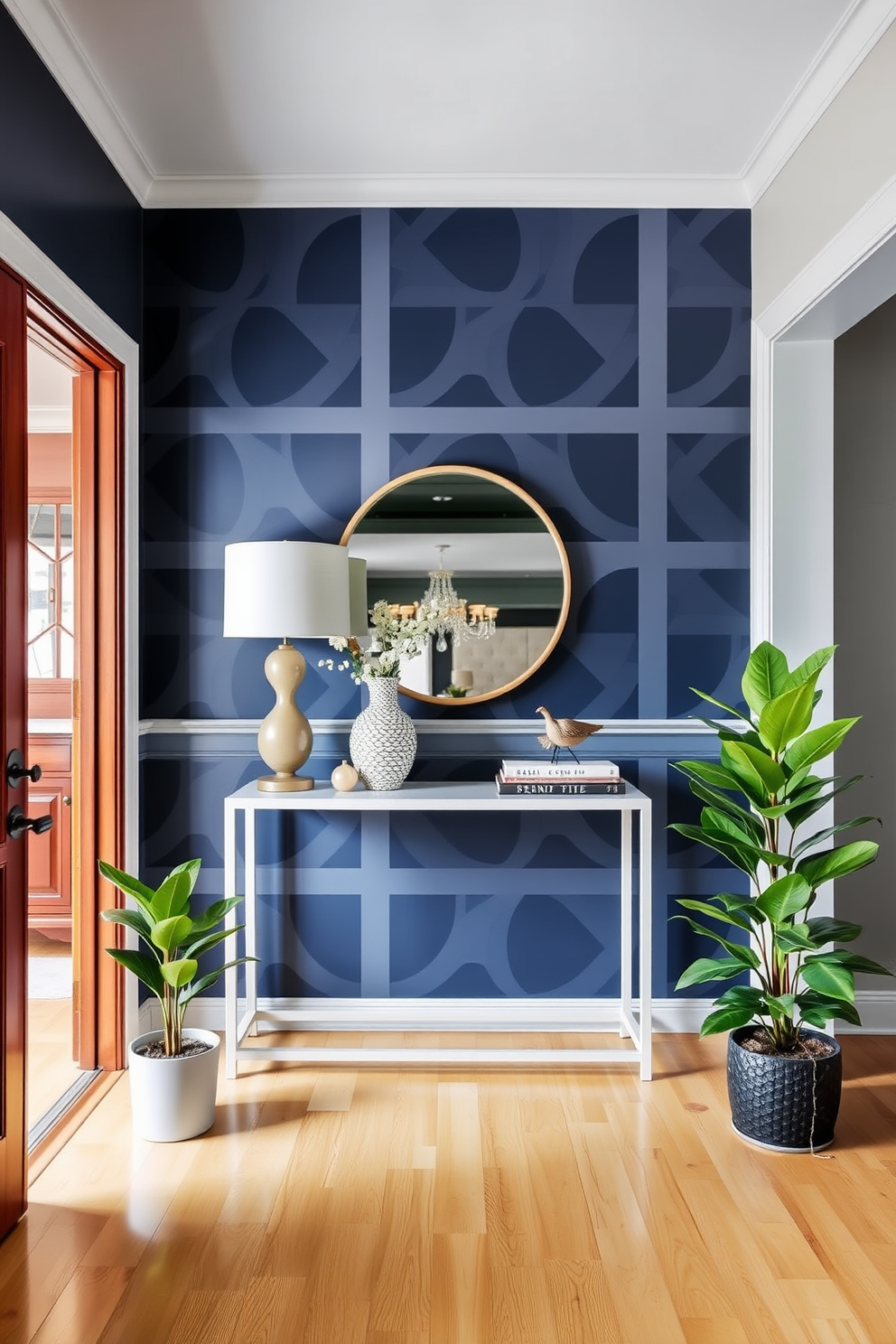 A striking foyer featuring a statement wall adorned with bold geometric patterns. The wall is painted in a deep navy blue, contrasting beautifully with the light wood flooring. Incorporate a sleek console table against the wall, topped with decorative items such as a modern vase and a stylish lamp. Flanking the console, two potted plants add a touch of greenery and vibrancy to the space.