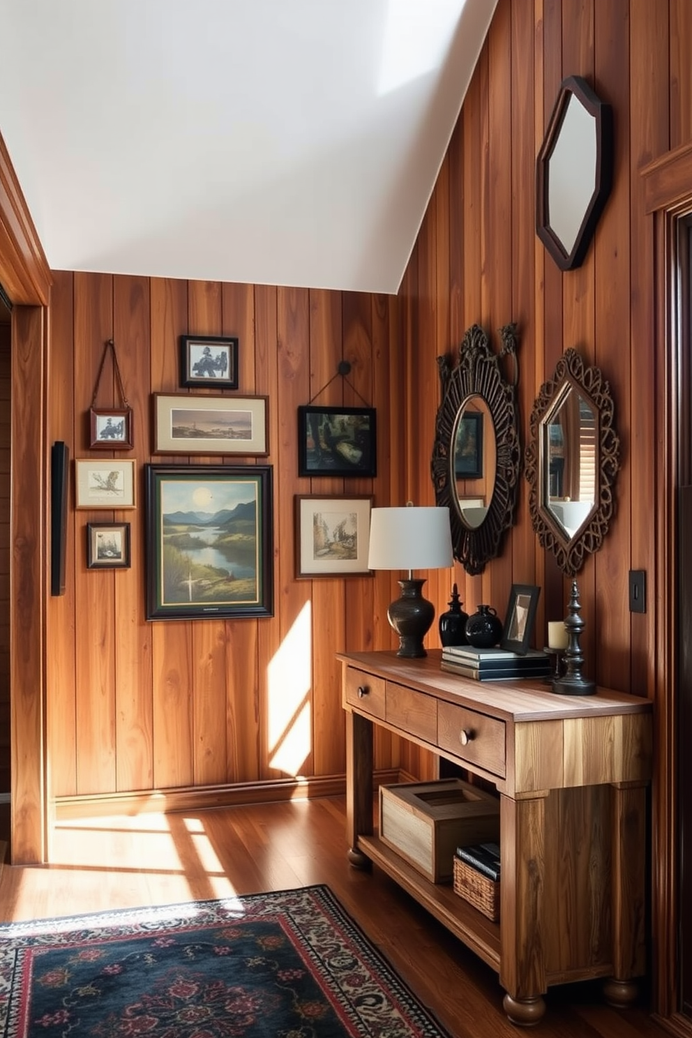 A rustic foyer with warm wood paneling creates an inviting atmosphere. The walls are adorned with a mix of framed artwork and vintage mirrors to enhance the charm. A large console table made of reclaimed wood sits against the wall, topped with decorative items and a stylish lamp. Natural light filters in through a nearby window, illuminating the space and highlighting the textures of the wood.