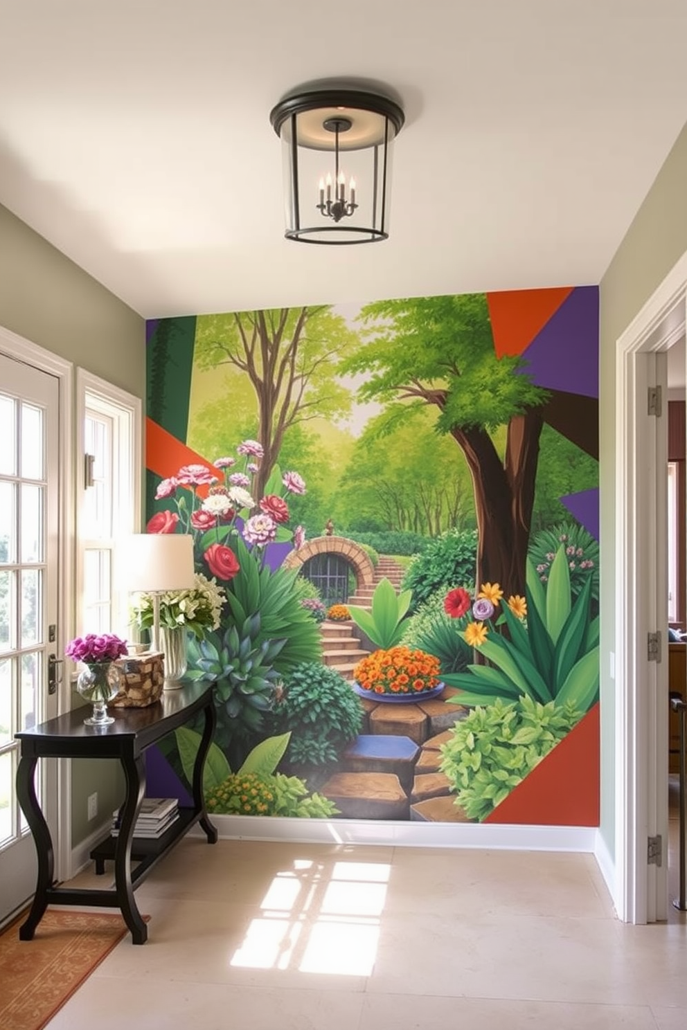 A vibrant mural depicting a lush garden scene adorns the foyer wall, bringing an artistic flair to the entrance. The colors are bright and inviting, creating a warm and welcoming atmosphere for guests as they enter the home. Incorporating geometric shapes and abstract patterns, the mural adds a contemporary touch to the traditional foyer space. This eye-catching design serves as a stunning focal point, enhancing the overall aesthetic of the entryway.