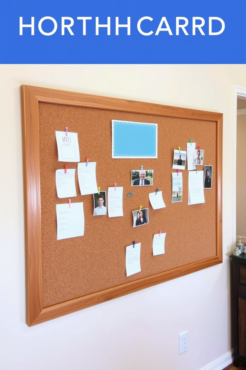 A corkboard wall is designed to display notes and photos in a stylish and organized manner. The corkboard is framed with a sleek wooden border, complementing the overall aesthetic of the foyer. The wall is painted in a warm neutral tone to create a welcoming atmosphere. Decorative pushpins in various colors add a playful touch, allowing for easy customization of the displayed items.