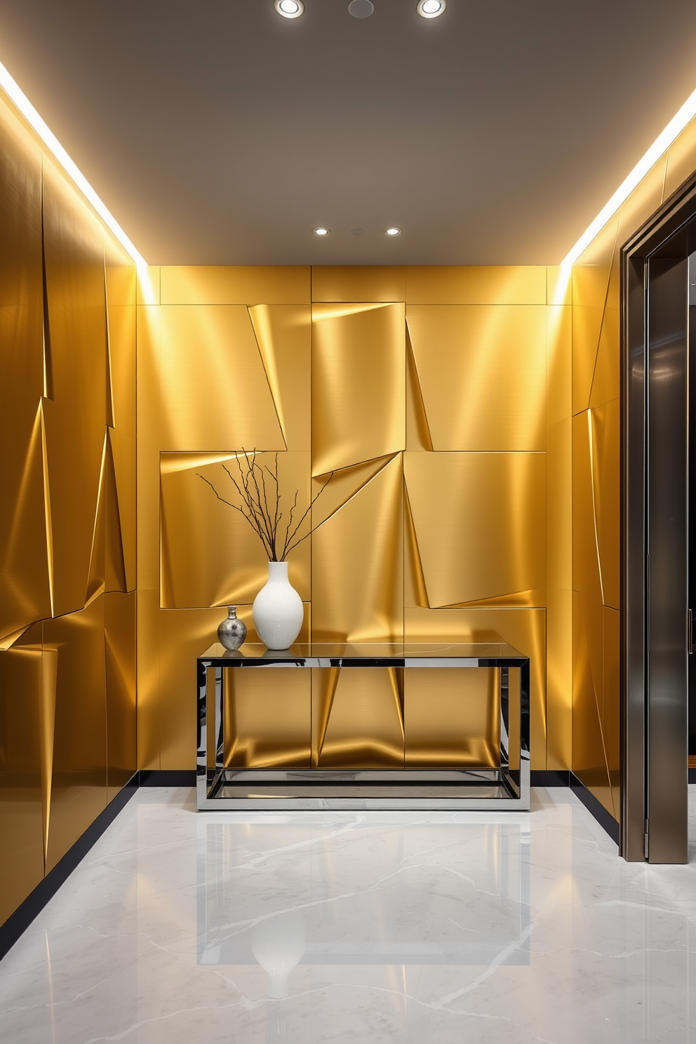 A striking foyer featuring metallic finishes that reflect light and create a modern aesthetic. The walls are adorned with geometric panels in a brushed gold finish, complemented by sleek LED lighting that highlights the design. An elegant console table with a chrome base sits against the wall, topped with a minimalist vase and a contemporary sculpture. The flooring is a polished marble that enhances the luxurious feel of the space.