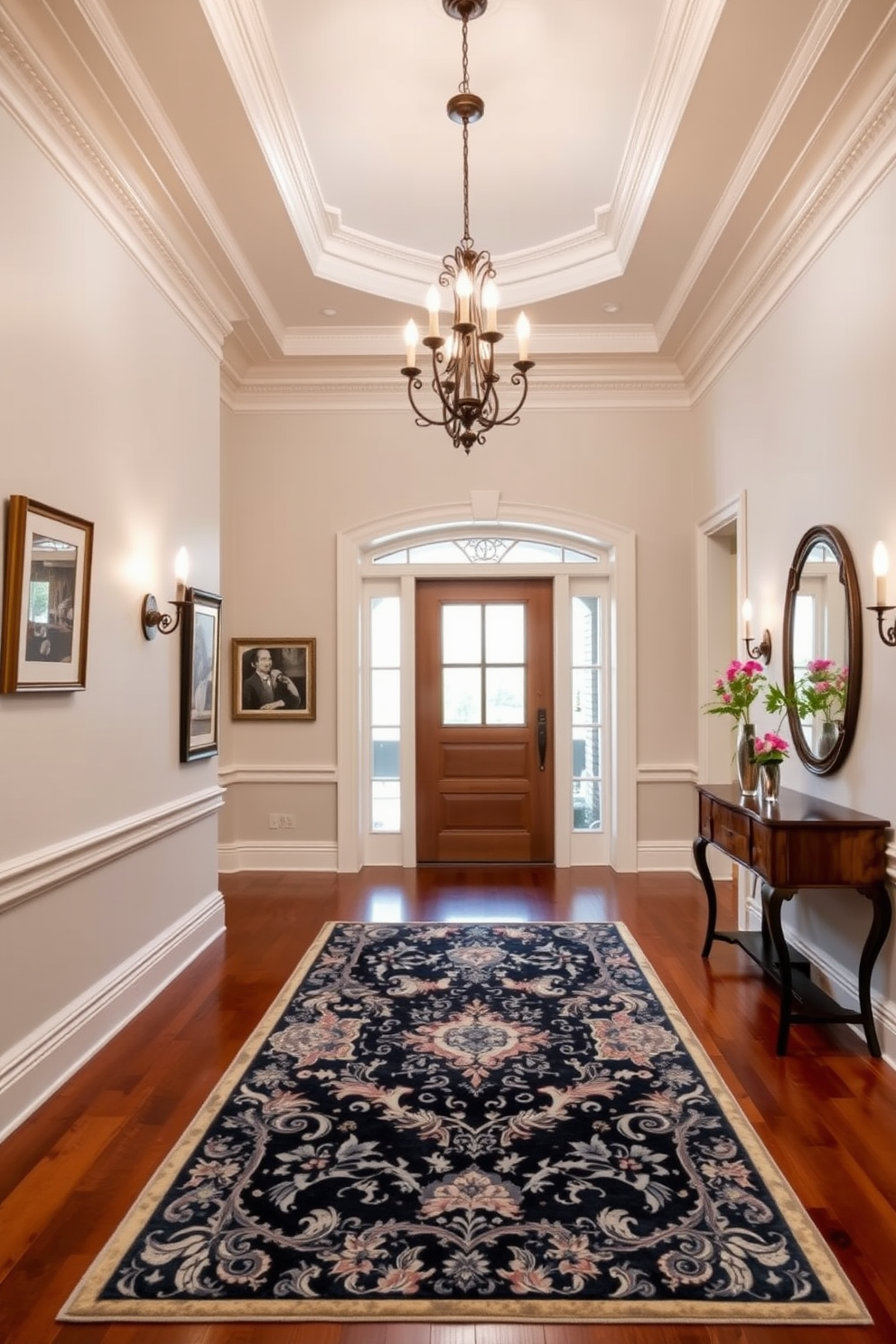 A grand foyer featuring elegant crown molding that enhances the sophisticated atmosphere. The walls are adorned with a soft, neutral paint color, complemented by framed artwork and decorative sconces that provide warm lighting. The floor is finished with polished hardwood, leading to a stunning area rug that adds a touch of luxury. A stylish console table sits against one wall, topped with a decorative mirror and fresh flowers for an inviting touch.