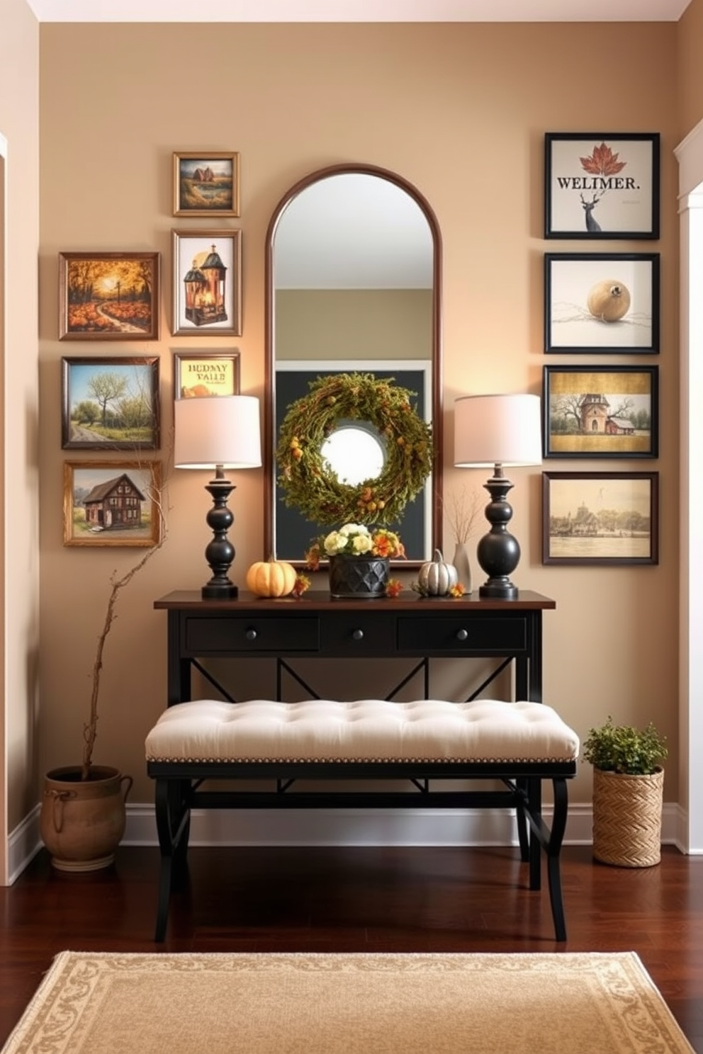 A welcoming foyer adorned with seasonal decor that transforms with the changing times. The walls are painted in a warm neutral tone, featuring a gallery of framed seasonal artwork that reflects the current season's colors and themes. A stylish console table is placed against the wall, decorated with seasonal accents such as pumpkins in fall or fresh flowers in spring. A large mirror above the table enhances the space, while a cozy bench invites guests to sit and enjoy the seasonal ambiance.