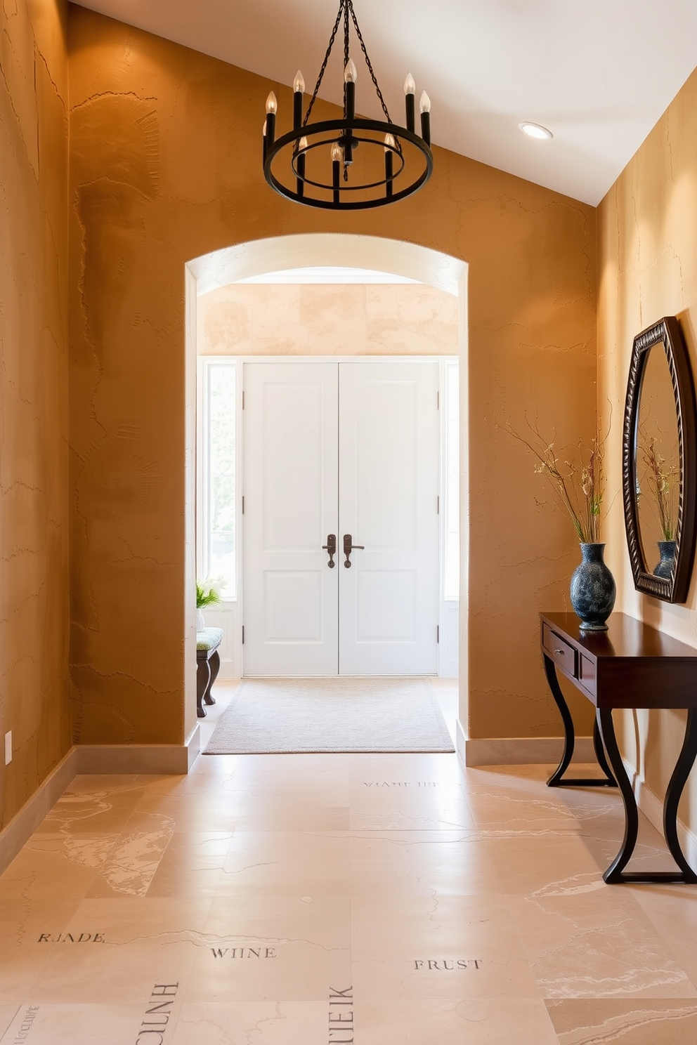 A stunning foyer featuring textured plaster walls that create a unique and inviting atmosphere. The design incorporates a warm color palette with subtle variations in texture, enhancing the depth and character of the space.