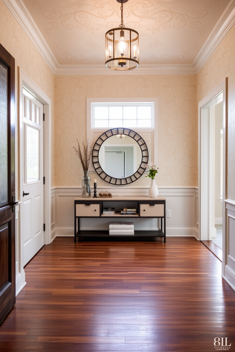 A stunning foyer featuring stenciled designs that add a custom touch to the space. The walls are adorned with intricate patterns in soft hues, creating an inviting atmosphere. A stylish console table sits against the wall, topped with decorative items and a statement mirror. The flooring is a rich hardwood that complements the stenciled wall designs beautifully.