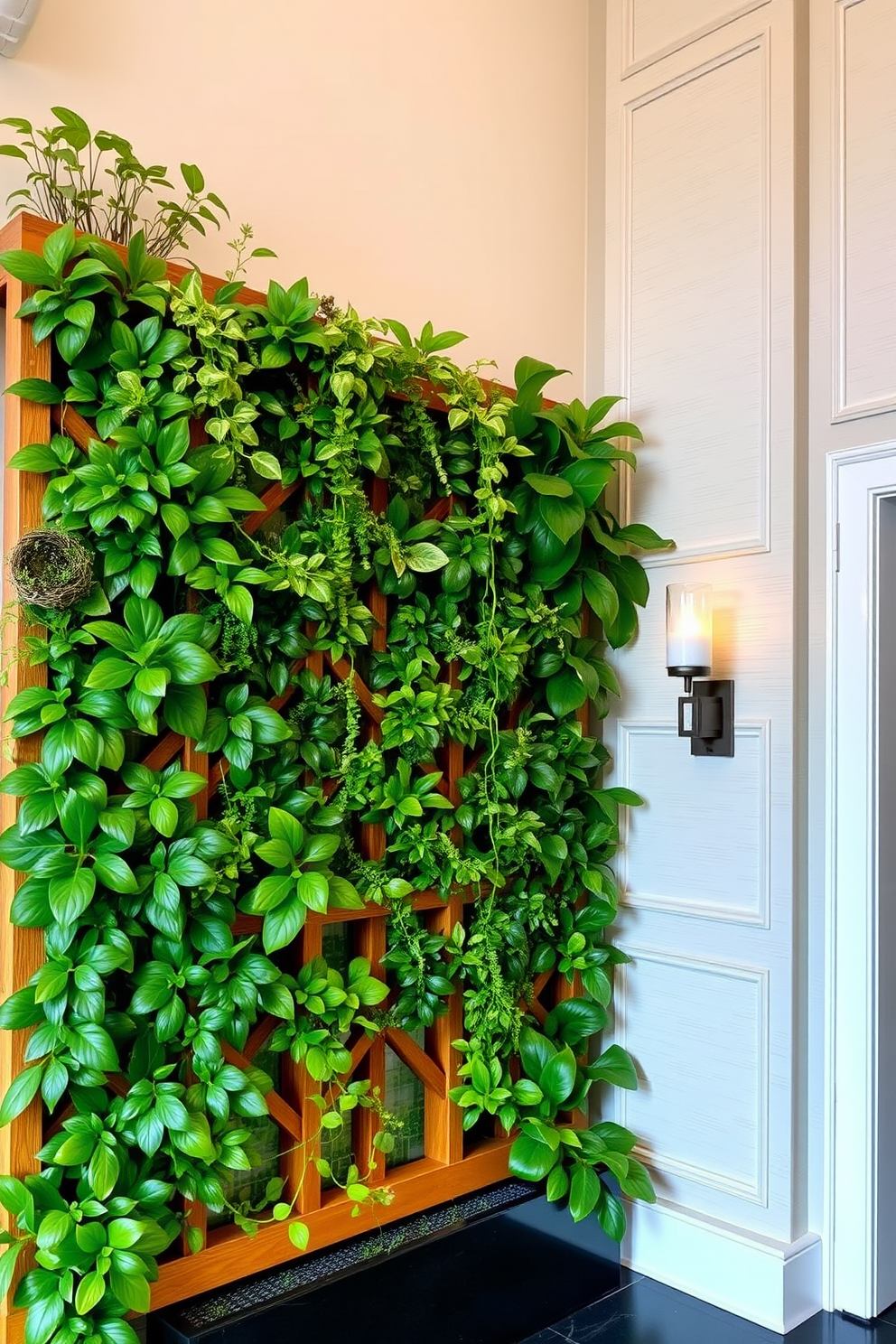 A vertical garden with a variety of lush green plants creates a refreshing and vibrant atmosphere. The plants are arranged in a geometric pattern on a wooden trellis, enhancing the natural beauty of the space. The foyer features an elegant wall design with textured panels in soft neutral tones. Framed artwork and decorative sconces add depth and personality to the entryway, welcoming guests with style.