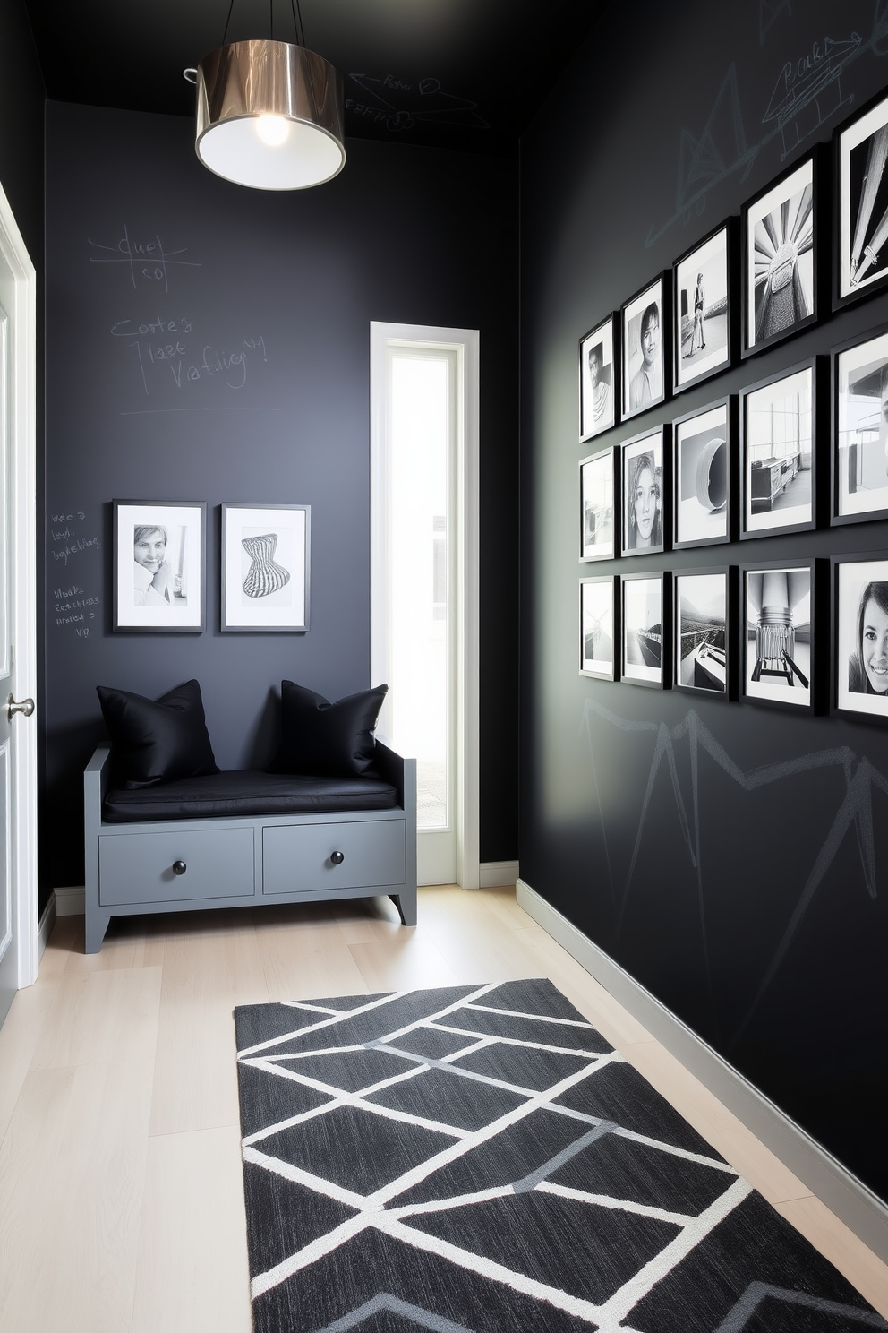 A modern foyer featuring chalkboard paint on one wall, allowing for interactive notes and artistic expressions. The floor is adorned with a sleek geometric rug that complements the minimalist decor. On the opposite wall, a series of framed black and white photographs create a striking contrast against the chalkboard surface. A stylish bench with built-in storage sits beneath a statement light fixture, enhancing the welcoming atmosphere.