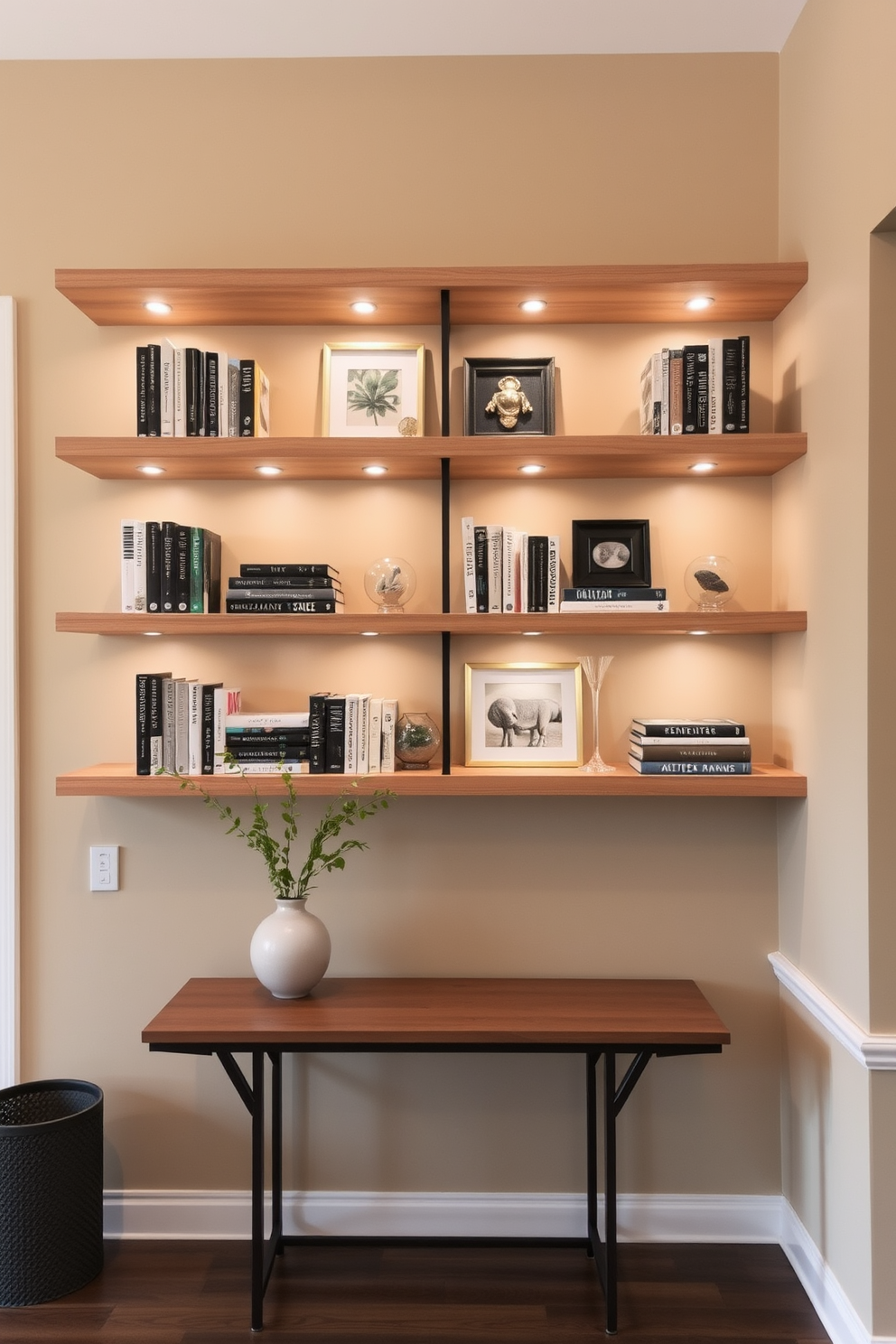 A welcoming foyer features open shelving that elegantly displays a curated collection of books and decorative items. The shelves are made of natural wood and are complemented by soft, ambient lighting that highlights the decor. The wall behind the shelving is painted in a warm neutral tone, creating a cozy backdrop for the displayed items. A stylish console table sits below the shelves, adorned with a chic vase and a small potted plant for added greenery.