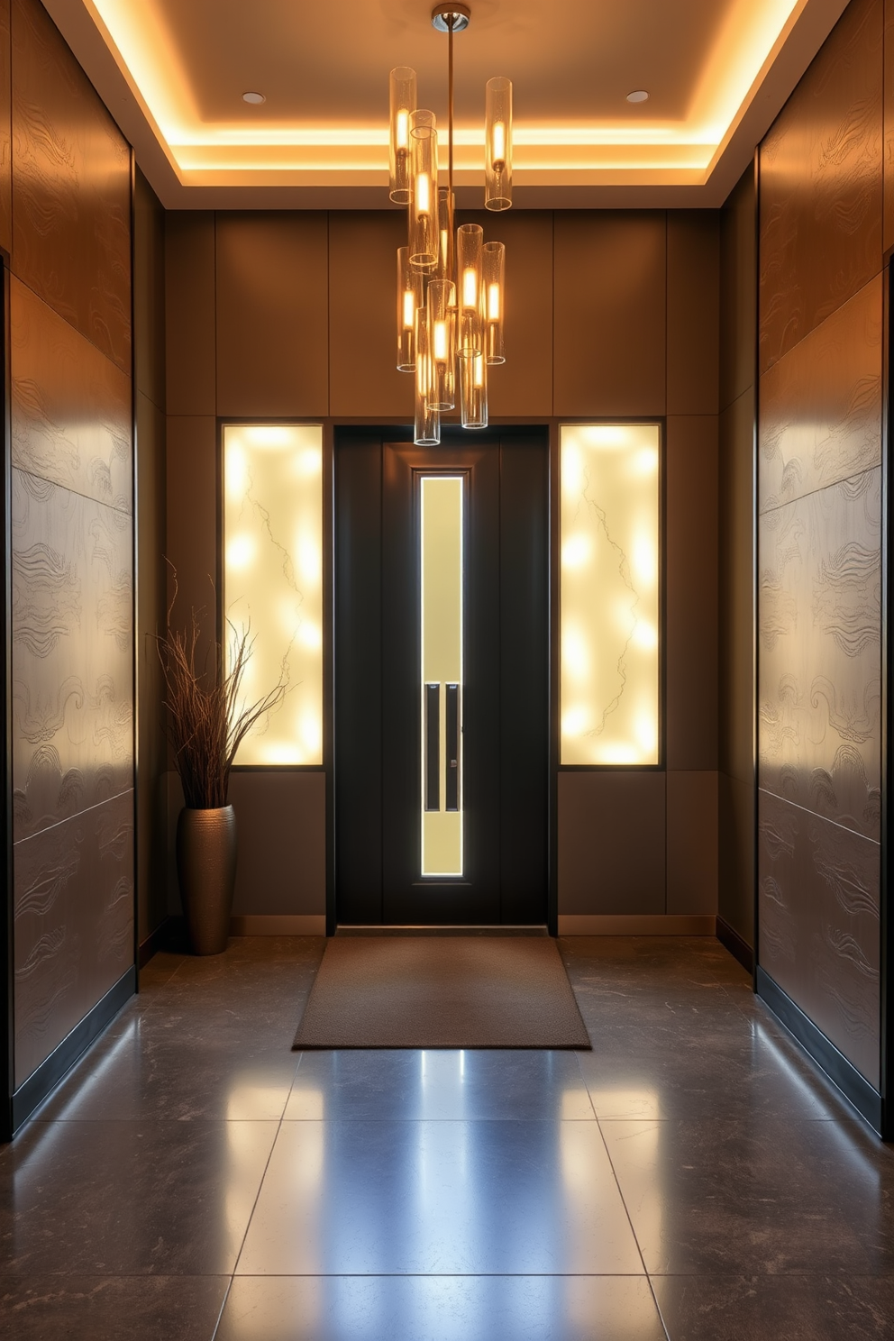 A stunning foyer featuring backlit panels that create a warm and inviting ambiance. The walls are adorned with textured finishes, enhancing the modern aesthetic of the space. Incorporate unique wall design ideas that blend functionality with artistic expression. The use of contrasting materials adds depth and interest to the overall look of the foyer.