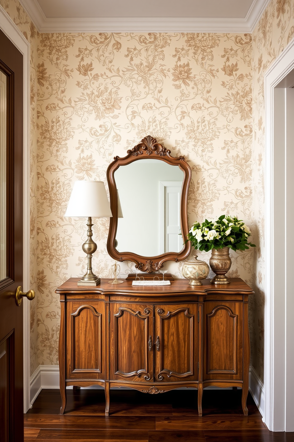 A vintage wallpaper design featuring intricate floral patterns in soft pastel colors creates a nostalgic atmosphere in the foyer. The wallpaper is complemented by a classic wooden console table adorned with a vintage mirror and decorative accents.