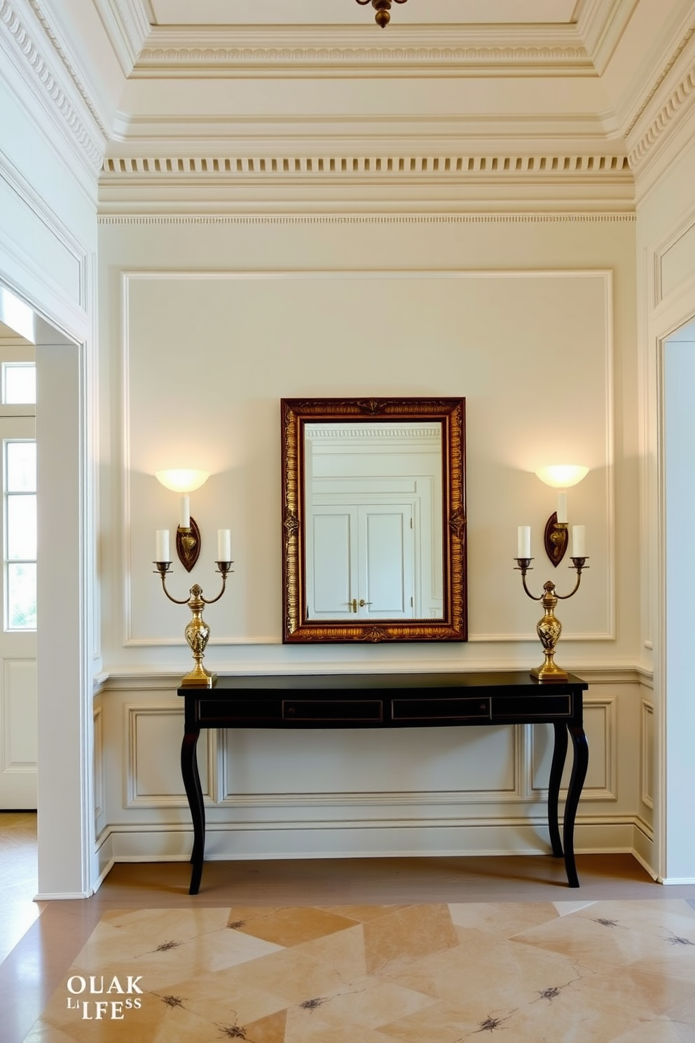 A grand foyer with decorative molding that adds elegance and sophistication to the space. The walls are painted in a soft cream color, with intricate crown molding and wainscoting enhancing the architectural features. A statement console table sits against the wall, adorned with a large mirror framed in gold. Flanking the table are two stylish sconces that provide warm lighting, creating an inviting atmosphere.