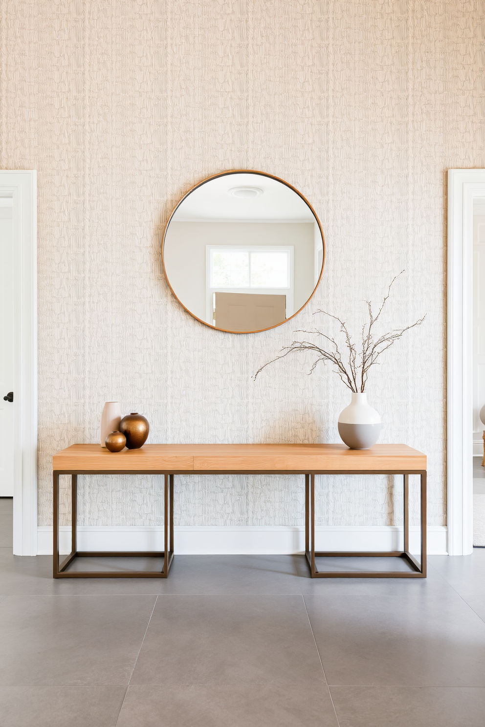 A serene foyer featuring a statement wall adorned with textured neutral wallpaper that evokes a sense of tranquility. Flanking the entrance, a pair of elegant console tables in light wood provide a warm welcome, topped with decorative objects in soft hues. The floor is laid with large format tiles in a subtle grey tone, enhancing the calming atmosphere of the space. A large round mirror with a minimalist frame hangs above the console, reflecting natural light and creating an inviting focal point.