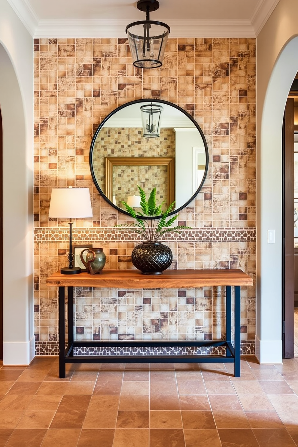 Artisan tiles create a warm and inviting atmosphere in the foyer. The walls are adorned with intricate tile patterns in earthy tones, complemented by natural wood accents and soft lighting. The entrance features a statement console table made of reclaimed wood. Above the table, a large round mirror reflects the beauty of the tiled wall, enhancing the Mediterranean charm.