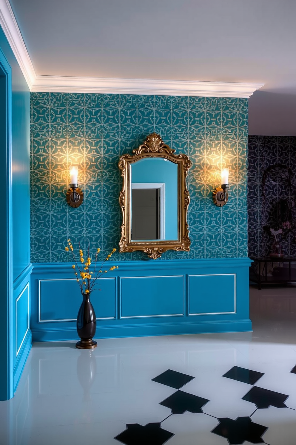 A striking foyer featuring bold paint colors that create a dramatic entrance. The walls are adorned with a geometric pattern that contrasts beautifully with the vibrant hue, drawing attention and setting the tone for the rest of the home. A large statement mirror with an ornate frame hangs centrally, reflecting light and enhancing the space. Flanking the mirror, stylish sconces provide warm illumination, highlighting the unique wall design and inviting guests into the home.