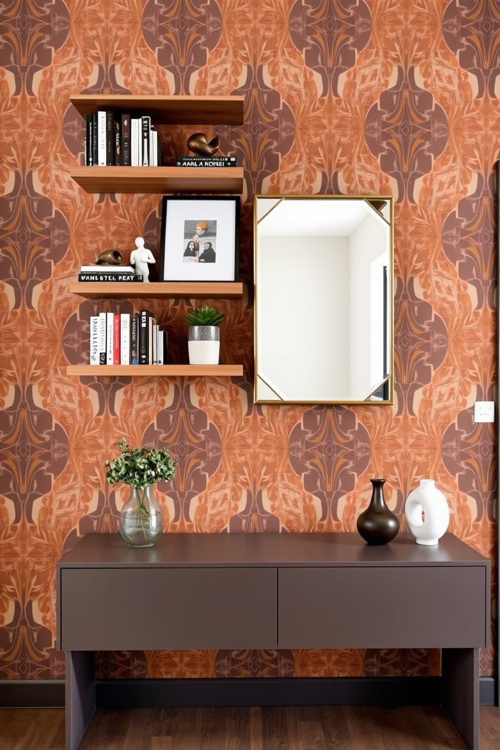 Floating shelves with decorative accents. The shelves are made of natural wood and are adorned with a mix of books, small plants, and unique sculptures. Foyer wall design ideas. The wall features a bold geometric wallpaper with a warm color palette, complemented by a sleek console table and a statement mirror above it.