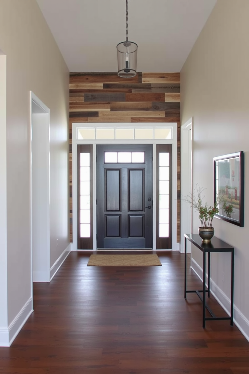 A striking foyer features an accent wall made of reclaimed wood that adds warmth and texture to the space. The surrounding walls are painted in a soft neutral tone, enhancing the rustic charm of the wood and creating a welcoming atmosphere.