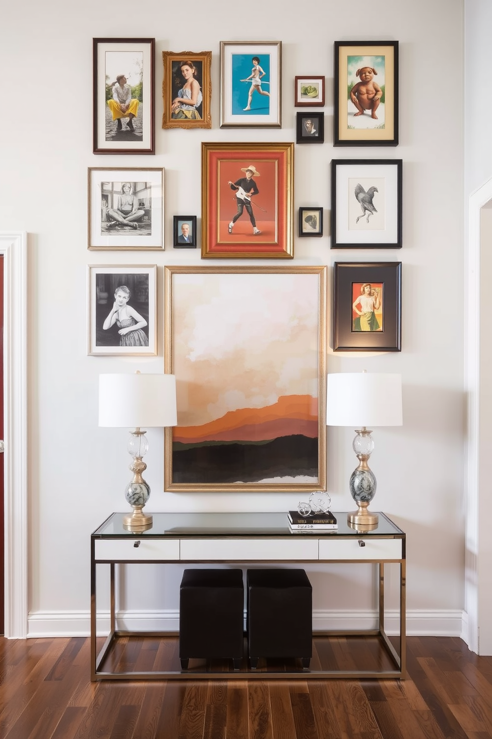 A stunning foyer with a statement wall showcasing framed artwork that adds a personal touch to the space. The wall is painted in a soft neutral color, allowing the vibrant frames and art pieces to stand out beautifully. Underneath the artwork, a sleek console table provides a functional surface for decorative items and a stylish lamp. A large mirror hangs above the table, reflecting light and enhancing the sense of space in the entryway.