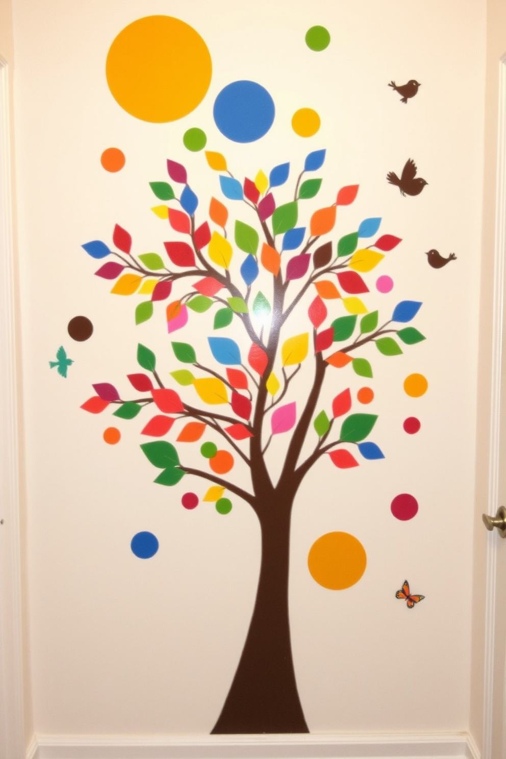 Vinyl decals in vibrant colors create a playful vibe in the foyer. The wall features a mix of whimsical shapes and patterns that invite creativity and fun. A large, eye-catching decal of a tree with colorful leaves serves as a focal point. Surrounding it, smaller decals of birds and butterflies add charm and liveliness to the space.