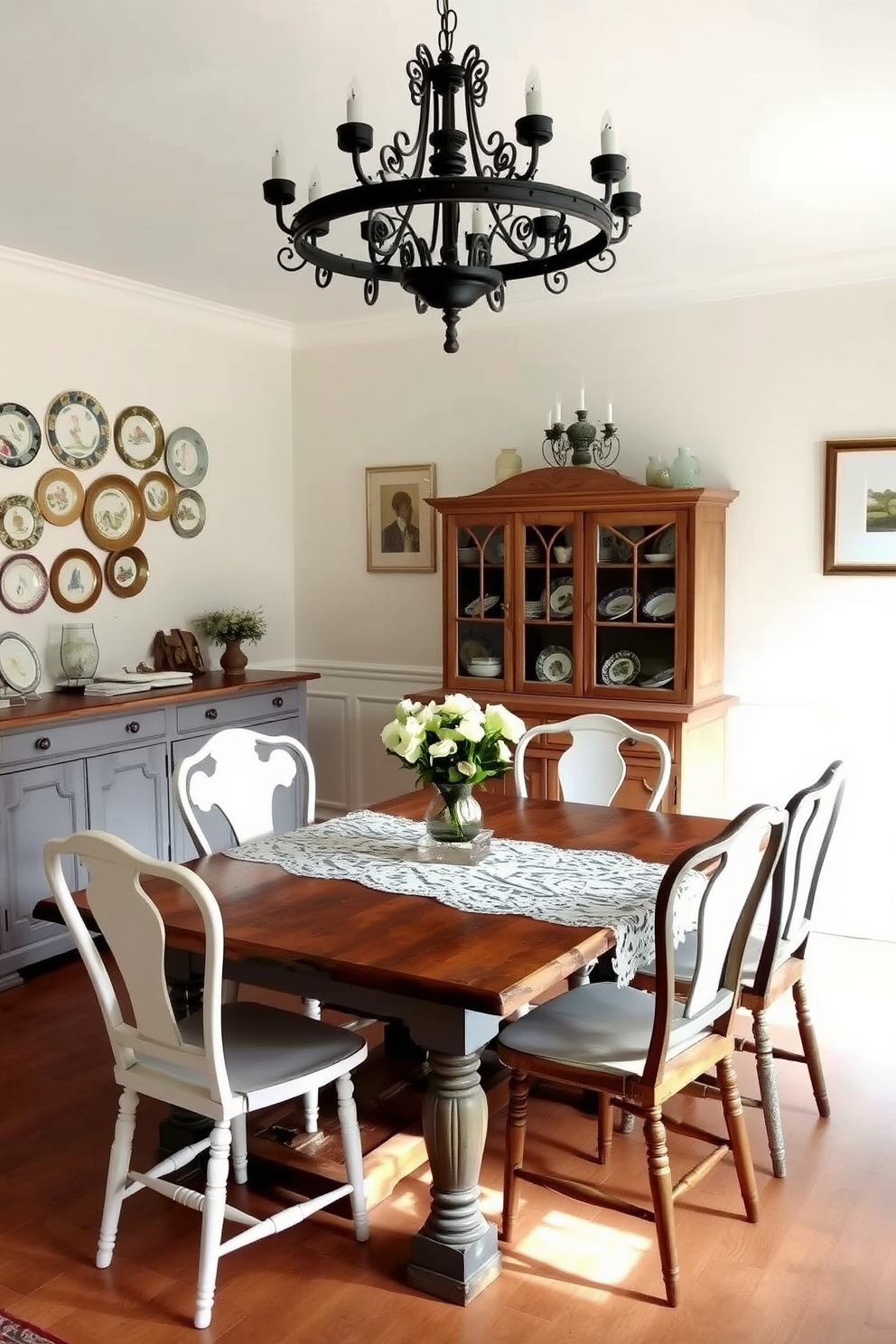 A rustic wooden dining table serves as the centerpiece of a charming French dining room. The table is adorned with an elegant lace table runner, surrounded by mismatched vintage chairs that add character to the space. Above the table, a wrought iron chandelier hangs, casting a warm glow over the room. Soft pastel colors adorn the walls, complemented by decorative plates and artwork that reflect the French countryside.