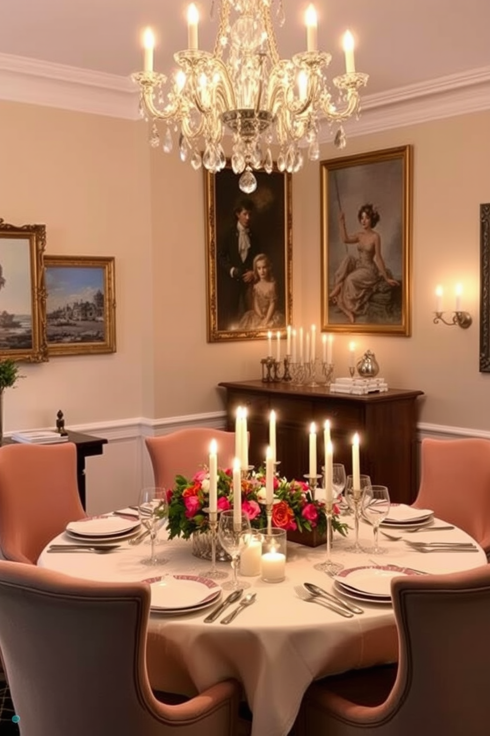 A candlelit dining room exudes warmth and intimacy. The table is set with elegant dinnerware, surrounded by plush upholstered chairs in soft hues. The walls are adorned with vintage French artwork, enhancing the room's charm. A crystal chandelier hangs overhead, casting a soft glow over the scene.