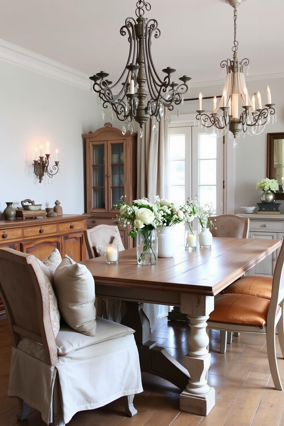 A charming farmhouse-style bench is placed against a rustic wooden dining table, featuring a distressed finish that complements the overall decor. The bench is adorned with soft, patterned cushions in muted tones, inviting comfort and warmth to the dining space. The French dining room is elegantly styled with ornate chandeliers hanging from the ceiling, casting a warm glow over the scene. Delicate floral arrangements in vintage vases are positioned on the table, enhancing the romantic ambiance of the room.