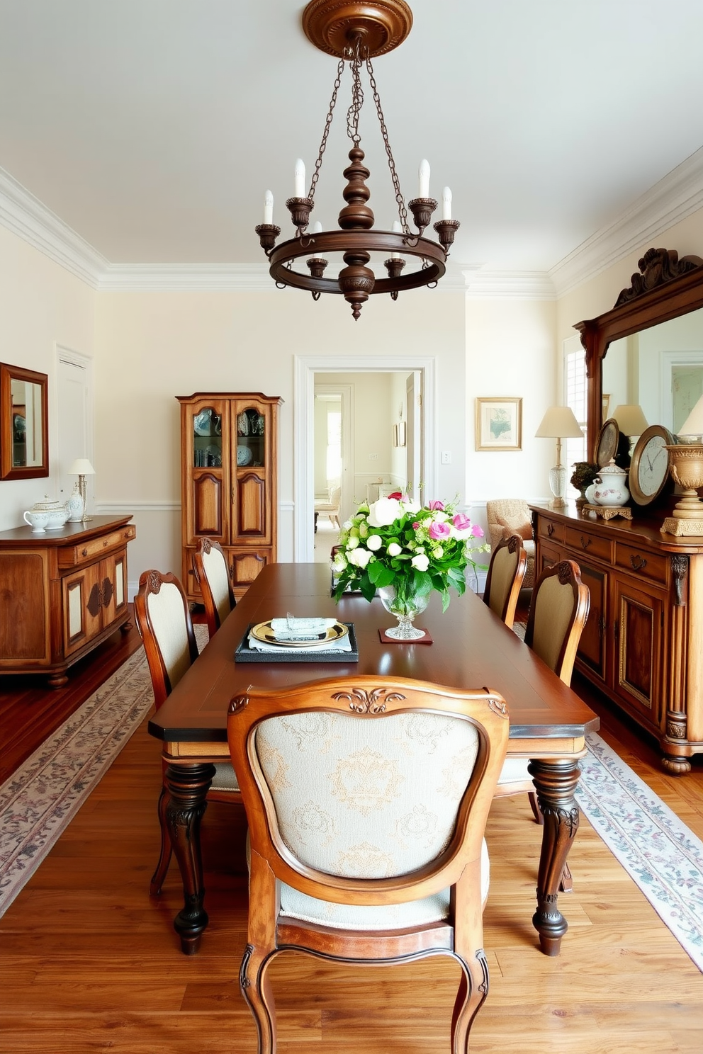 A charming French dining room featuring distressed wood accents that evoke a vintage feel. The room includes a long wooden dining table surrounded by elegant upholstered chairs, with a rustic chandelier hanging above. The walls are adorned with soft pastel colors, complementing the warmth of the wood. A large sideboard displays fine china and vintage decor, while a bouquet of fresh flowers adds a touch of freshness to the table.