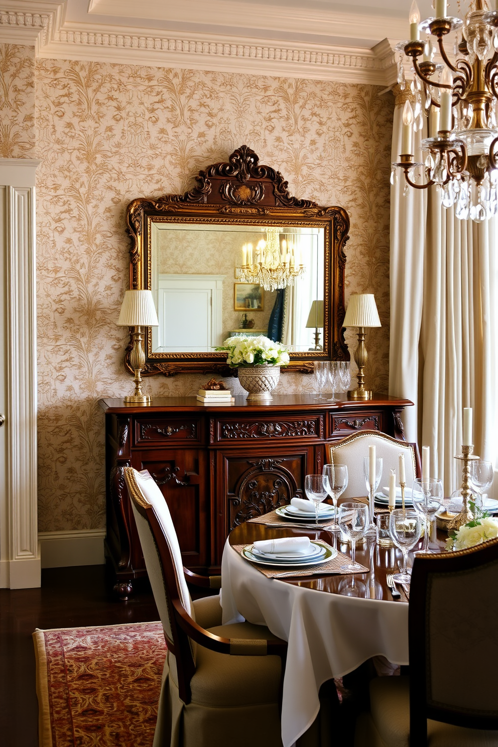 A classic buffet table with intricate carvings and a rich wood finish stands against a wall adorned with elegant wallpaper. Above the table, a large ornate mirror reflects the warm glow of a chandelier, enhancing the room's sophisticated ambiance. The dining room features a beautifully set table with fine china and crystal glassware, surrounded by upholstered chairs in a complementary fabric. Soft natural light filters through sheer curtains, creating a welcoming and refined atmosphere perfect for entertaining guests.