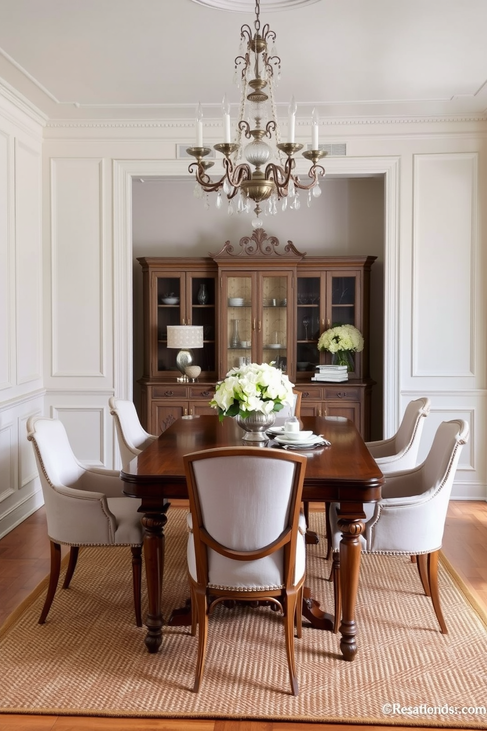 A textured area rug is placed under a beautifully crafted wooden dining table. Surrounding the table are elegant upholstered chairs in soft pastel tones, creating a warm and inviting atmosphere. The walls are adorned with classic wainscoting painted in a light cream color. A stunning chandelier hangs above, casting a gentle glow over the dining space, enhancing the French dining room aesthetic.