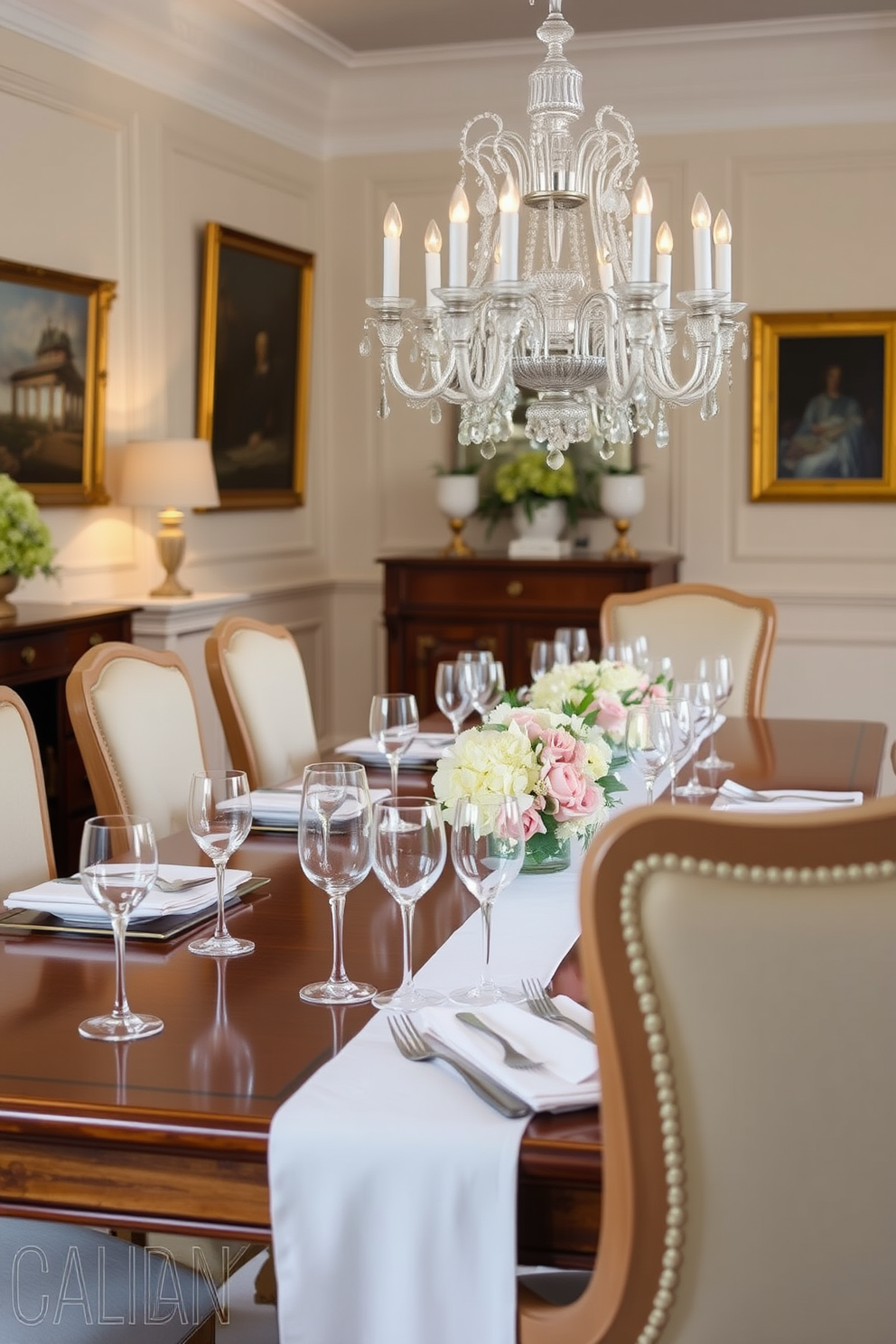 Elegant crystal glassware is beautifully arranged on a polished wooden dining table. The table is adorned with a crisp white tablecloth and complemented by delicate floral centerpieces. Surrounding the table are plush upholstered chairs in soft pastel hues, enhancing the inviting atmosphere. The walls are adorned with elegant artwork, and soft lighting creates a warm ambiance throughout the French dining room.