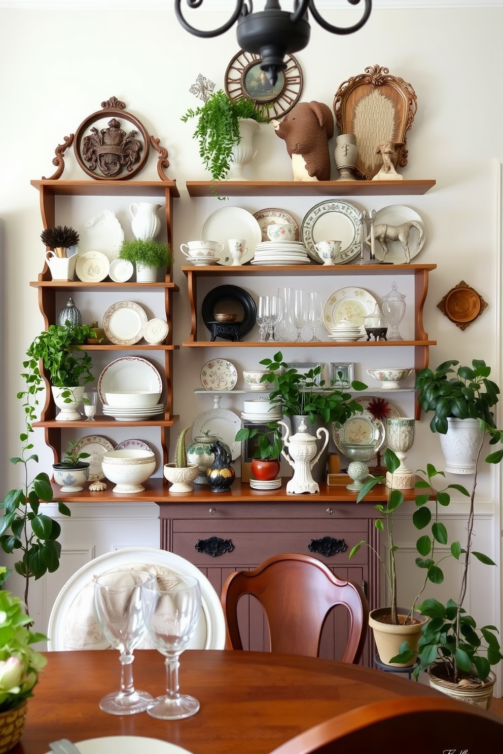 A charming French dining room featuring wall-mounted shelves adorned with decorative accents. The shelves are filled with an array of vintage dishes, elegant glassware, and potted plants, creating a warm and inviting atmosphere.